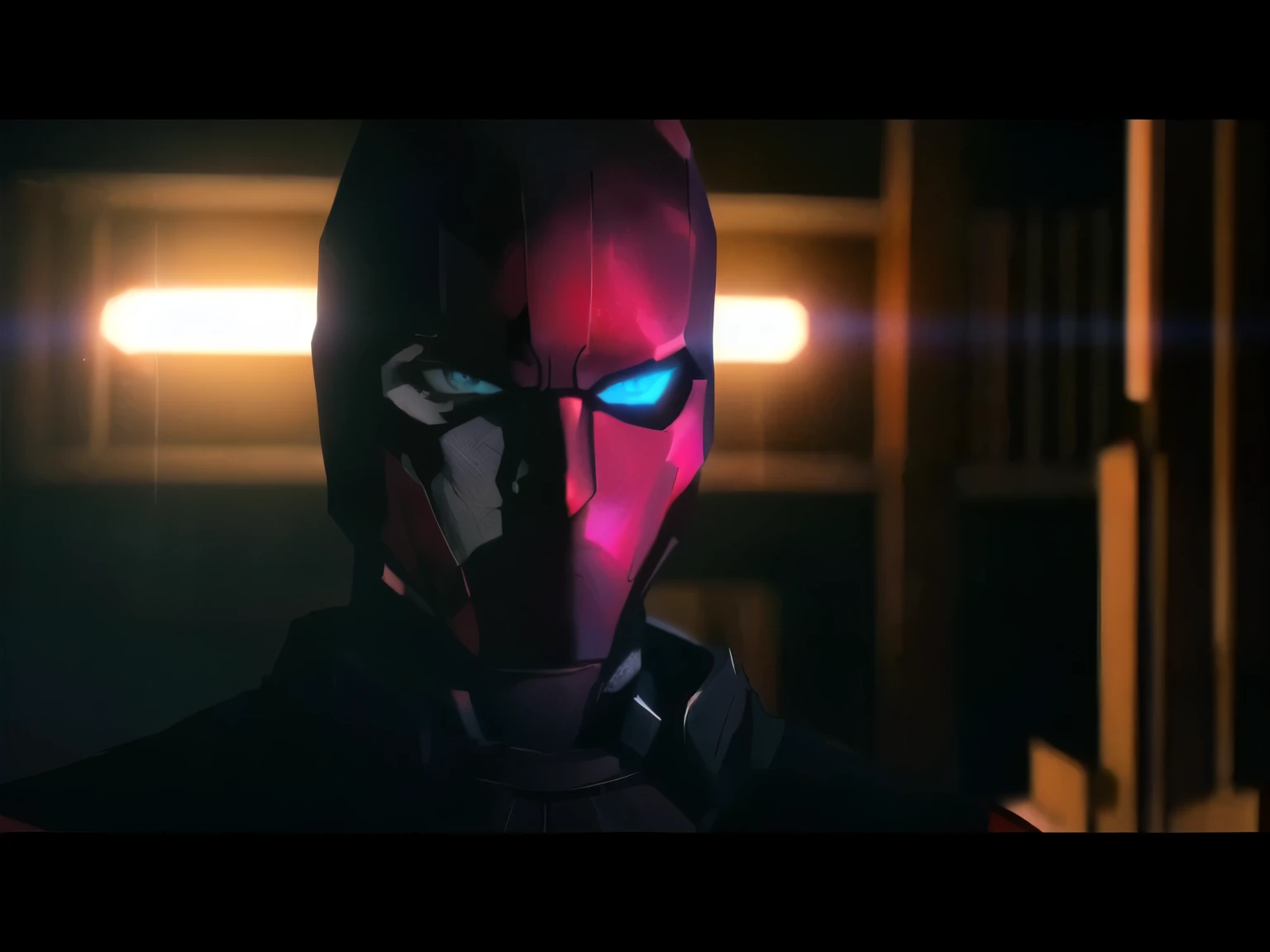 a man in a red mask and black shirt standing in a dark room, cinematic red lighting, they share one head. cinematic, cinematic lighting ”, cinematic lighting”, red hood cosplay, shot from cinematic, [ cinematic, epic lighting”, cinematic shot!, youtube thumbnail, red and cinematic lighting, cinematic closeup!!, blank stare”, cinematic full shot, cinematic close shot, cinematography”
