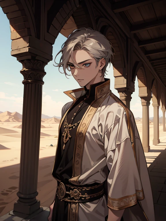 (absurdos, high resolution, ultra detalhado), 1 homem, adulto, bonito, cara alto e musculoso, ombros largos, olhos finamente detalhados e rosto detalhado, deserto, corpo todo, Middle Eastern clothing, cabelo preto curto, olhos castanhos, focado na cena, a guy starting the journey
