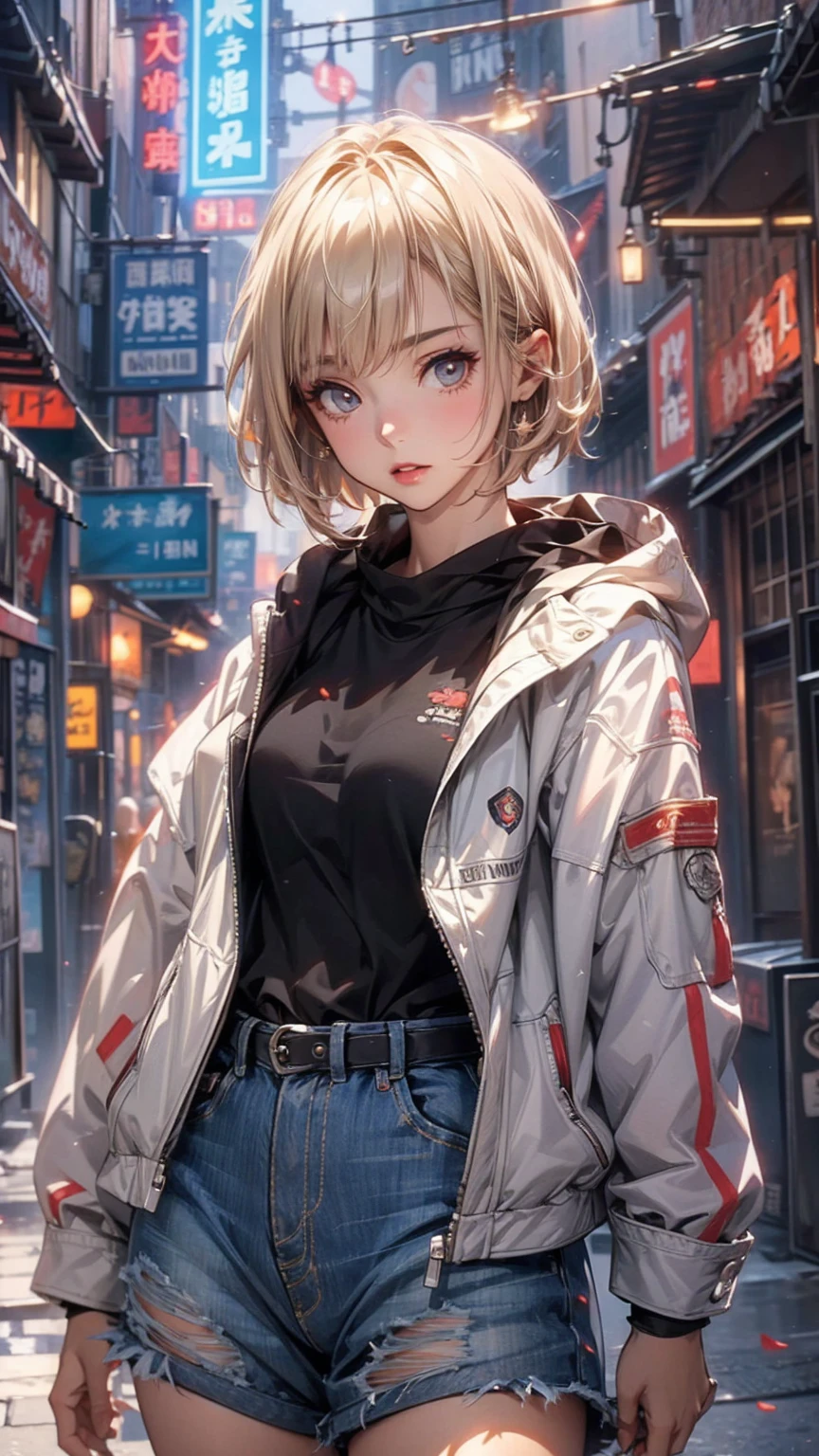 ((Highly detailed CG unit 8K wallpaper, masterpiece, High resolution, highest quality)), Structure from head to thighs:1.3, Upper body focus, 20-year-old woman, short hair, Avant-garde makeup, Hands in pockets pose:1.5, Blouson&Coordination of micro mini shorts, Blurred Background, A deserted back alley in Paris, Cinema Lighting, Anime Style, Simple lines, Digital Painting,