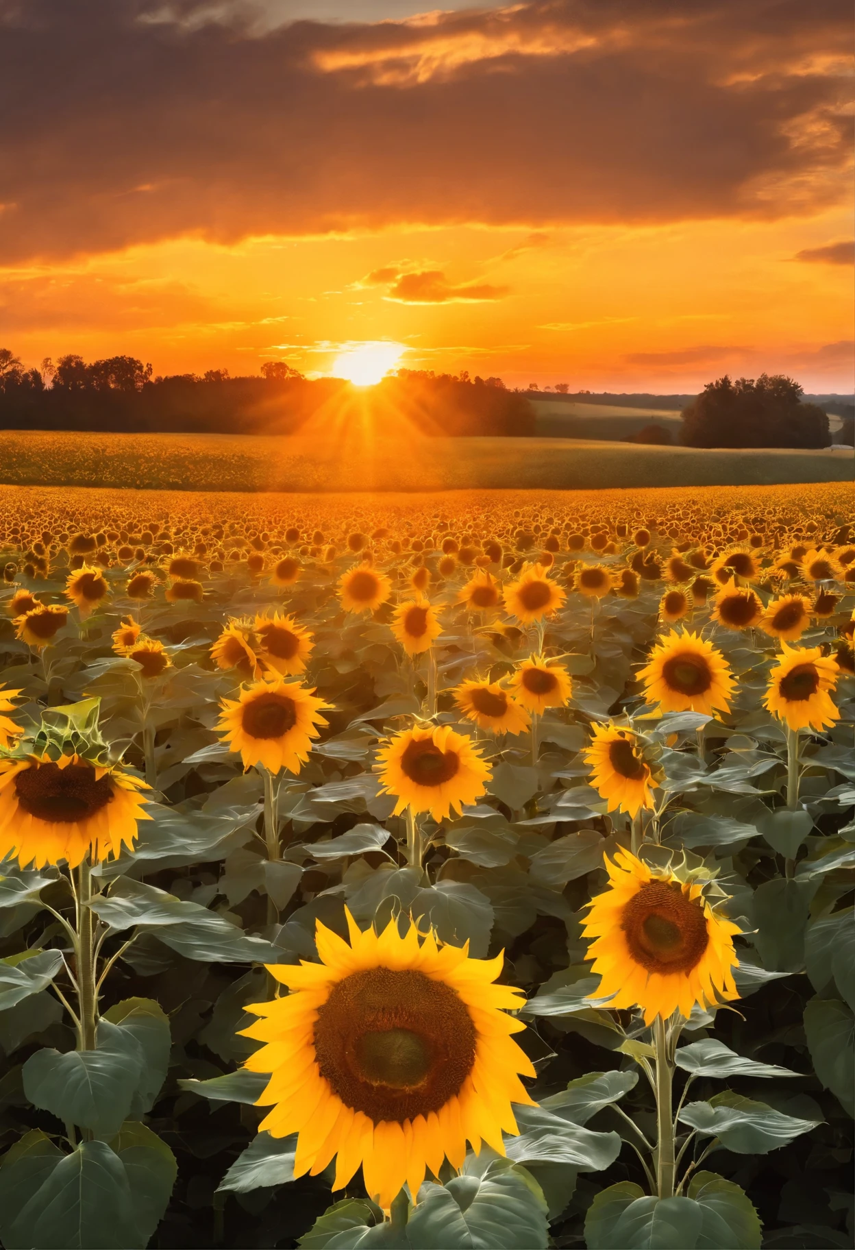 (Golden sunset over a sunflower field), (highest quality, Vibrant colors, High resolution), (landscape), (oil), (Ultra-fine detail, Realistic), (Warm and vibrant color palette), (Soft and gentle lighting)