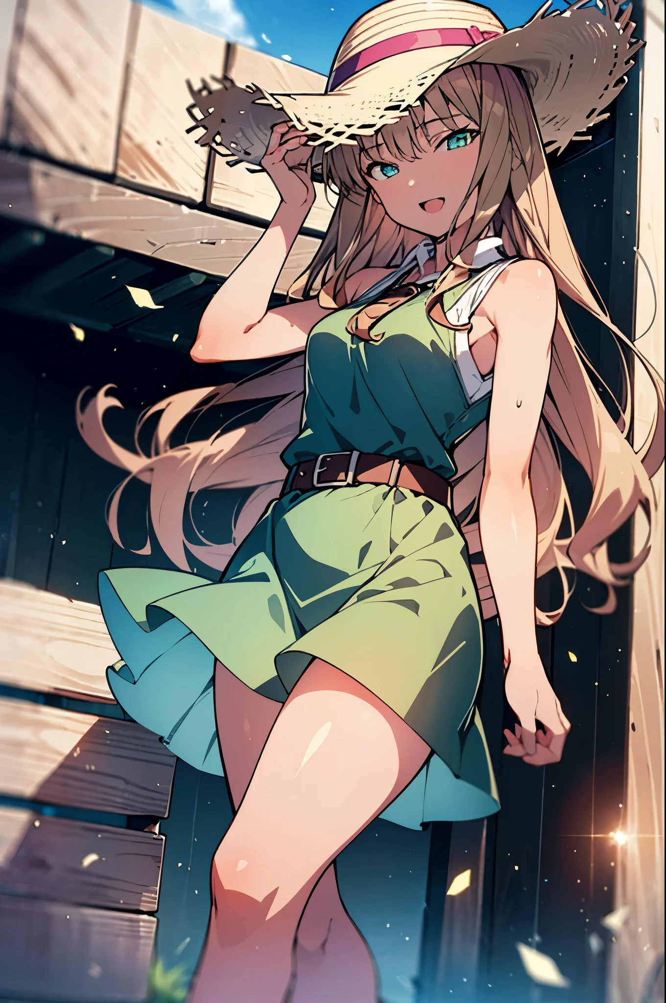 8k,highest quality,masterpiece,The seeds of a southern dream,The seeds of a southern dream　sss Dynazenon,Brown Hair,Long Hair,Green Eyes,Short braided hair,happy smile, smile, Open your mouth,Big straw hat,Sleeveless dress,Bare arms,Long skirt,Cute heeled sandals,Building district,Clear skies,Daytime,(Cowboy Shot:1. 5),(masterpiece:1.2), highest quality, High resolution, unity 8k wallpaper, (shape:0.8), (Beautiful and detailed:1.6), Highly detailed face, Perfect lighting, Highly detailed CG, (Perfect hands, Perfect Anatomy),