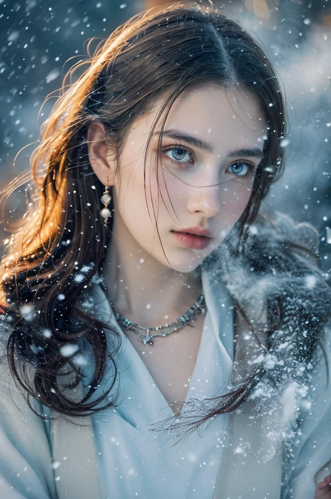 ( masterpiece, top quality, best quality,8k,17 years old girl,ultra detailed,raw photo:1.5),(photorealistic:1.4), (cinematic lighting), PerfectNwsjMajic, , Surrealism, UHD, ccurate, Super detail, textured skin, High detail, Best quality, dynamic angle, White skin,[Beautiful blue eyes], high nose,[flat chest:large breasts:0.5],(1girl),((good anatomy:0.5)), Dreamy atmosphere,expressive brush strokes, mystical ambiance, Artistic interpretation, Stunning Studio Ghibli style costumes, a whimsical illustration, Subtle colors and tones, mystical aura, jewelry, splendor ,snow storm