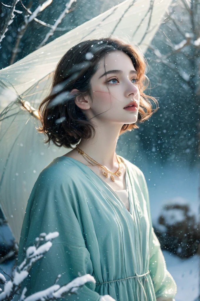 ( masterpiece, top quality, best quality,8k, girl,ultra detailed,raw photo:1.5),(photorealistic:1.4), (cinematic lighting), PerfectNwsjMajic, , Surrealism, UHD, ccurate, Super detail, textured skin, High detail, Best quality, dynamic angle, White skin,[Beautiful blue eyes], high nose,[flat chest:large breasts:0.5],(1girl),((good anatomy:0.5)), Dreamy atmosphere,expressive brush strokes, mystical ambiance, Artistic interpretation, Stunning Studio Ghibli style costumes, a whimsical illustration, Subtle colors and tones, mystical aura, jewelry, splendor ,snow storm