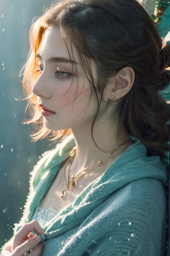 ( masterpiece, top quality, best quality,8k,17 years old girl,ultra detailed,raw photo:1.5),(photorealistic:1.4), (cinematic lighting), PerfectNwsjMajic, , Surrealism, UHD, ccurate, Super detail, textured skin, High detail, Best quality, dynamic angle, White skin,[Beautiful blue eyes], high nose,[flat chest:large breasts:0.5],(1girl),((good anatomy:0.5)), Dreamy atmosphere,expressive brush strokes, mystical ambiance, Artistic interpretation, Stunning Studio Ghibli style costumes, a whimsical illustration, Subtle colors and tones, mystical aura, jewelry, splendor, portrait, snow storm