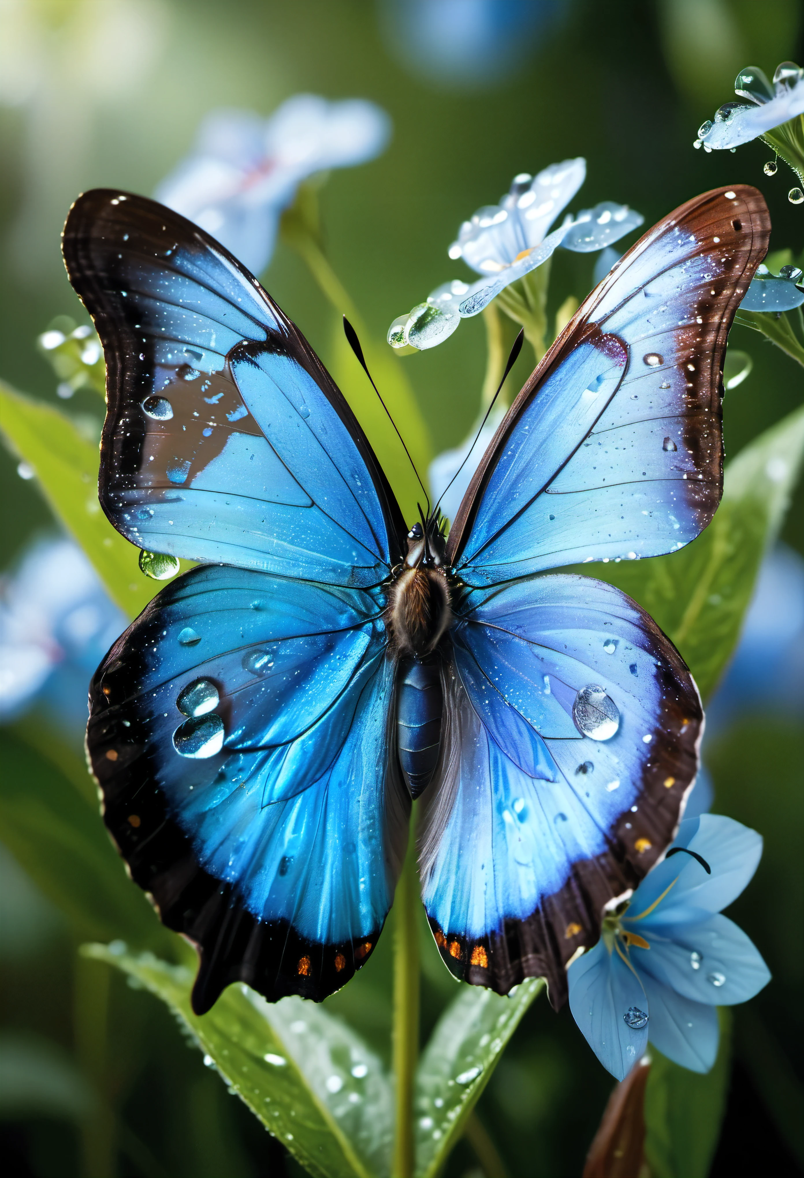 ((Masterpiece in maximum 16K resolution):1.6),((soft_color_photograpy:)1.5), ((Ultra-Detailed):1.4),((Movie-like still images and dynamic angles):1.3),| (Macro shot cinematic photo of a Blue Morpho Butterfly at a flower), (macro lens), (pollen), (dewdrops), (shimmer), (visual experience) ,(Realism), (Realistic),award-winning graphics, dark shot, film grain, extremely detailed, Digital Art, rtx, Unreal Engine, scene concept anti glare effect, All captured with sharp focus. | Rendered in ultra-high definition with UHD and retina quality, this masterpiece ensures anatomical correctness and textured skin with super detail. With a focus on high quality and accuracy, this award-winning portrayal captures every nuance in stunning 16k resolution, immersing viewers in its lifelike depiction. | ((perfect_composition, perfect_design, perfect_layout, perfect_detail, ultra_detailed)), ((enhance_all, fix_everything)), More Detail, Enhance.