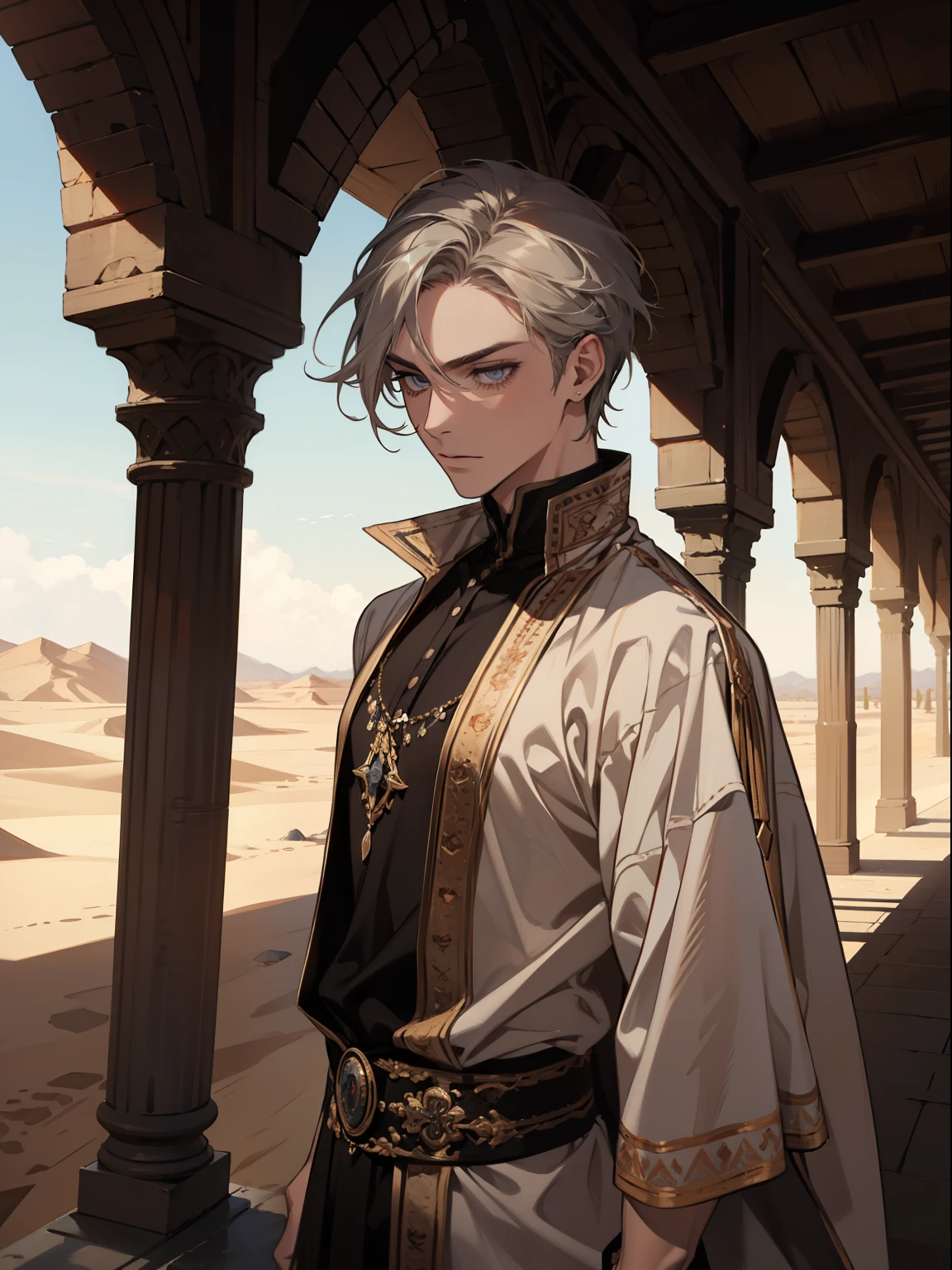 (absurdos, high resolution, ultra detalhado), 1 homem, adulto, bonito, cara alto e musculoso, ombros largos, olhos finamente detalhados e rosto detalhado, deserto, corpo todo, Middle Eastern clothing, cabelo preto curto, olhos castanhos, focado na cena, a guy starting the journey