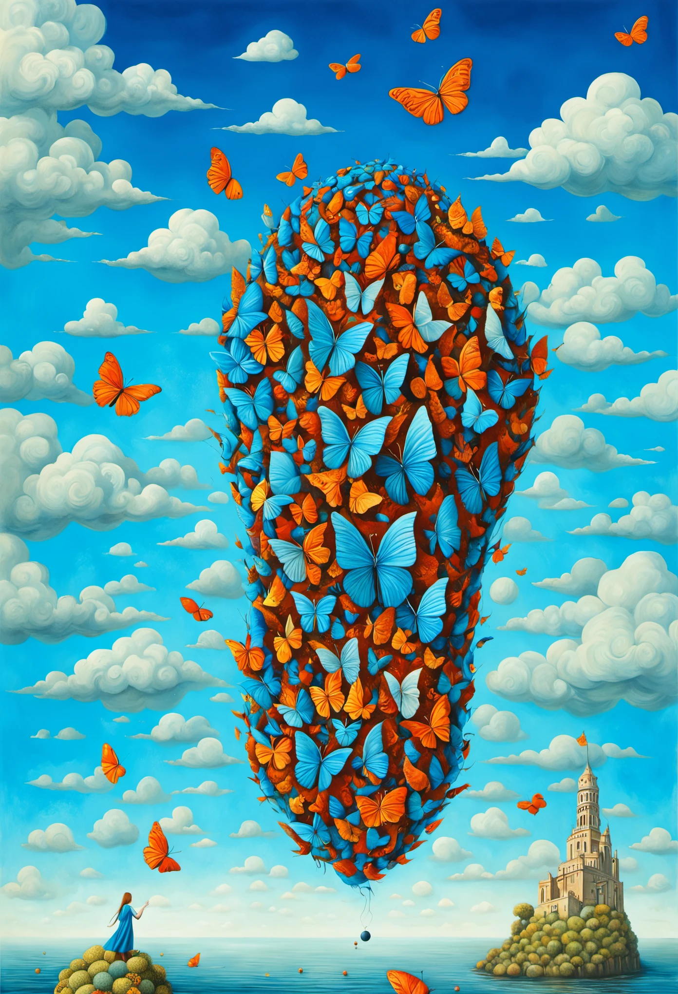 Neo surrealism, whimsical art, painting, fantasy, magical realism, bizarre art, pop surrealism, inspired by Remedios Var, Jacek Yerka and Gabriel Pacheco. Create an illustration of blue butterflies fling upon a ball and juggling sea creatures