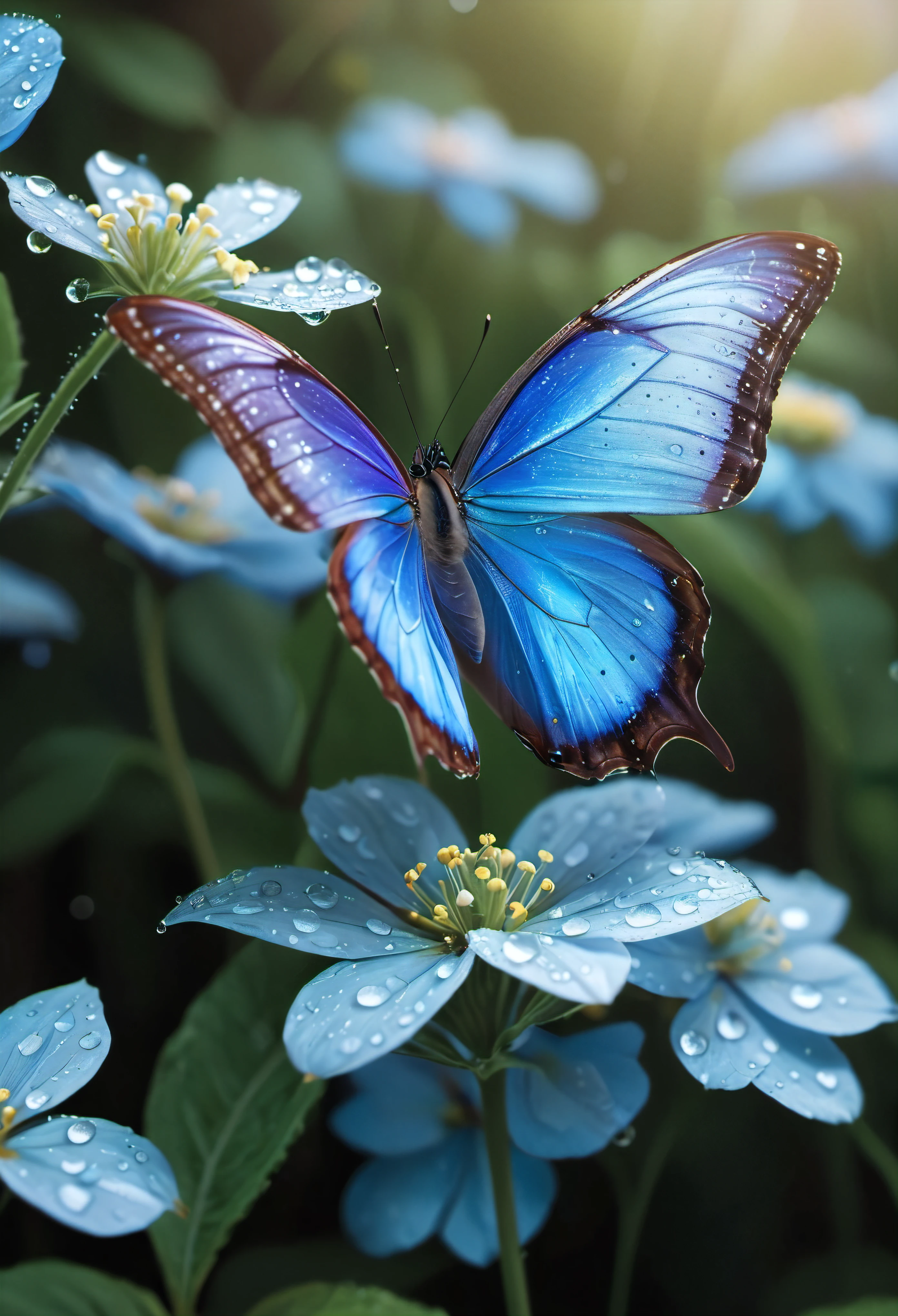 ((Masterpiece in maximum 16K resolution):1.6),((soft_color_photograpy:)1.5), ((Ultra-Detailed):1.4),((Movie-like still images and dynamic angles):1.3),| (Macro shot cinematic photo of a Blue Morpho Butterfly at a flower), (macro lens), (pollen), (dewdrops), (shimmer), (visual experience) ,(Realism), (Realistic),award-winning graphics, dark shot, film grain, extremely detailed, Digital Art, rtx, Unreal Engine, scene concept anti glare effect, All captured with sharp focus. | Rendered in ultra-high definition with UHD and retina quality, this masterpiece ensures anatomical correctness and textured skin with super detail. With a focus on high quality and accuracy, this award-winning portrayal captures every nuance in stunning 16k resolution, immersing viewers in its lifelike depiction. | ((perfect_composition, perfect_design, perfect_layout, perfect_detail, ultra_detailed)), ((enhance_all, fix_everything)), More Detail, Enhance.