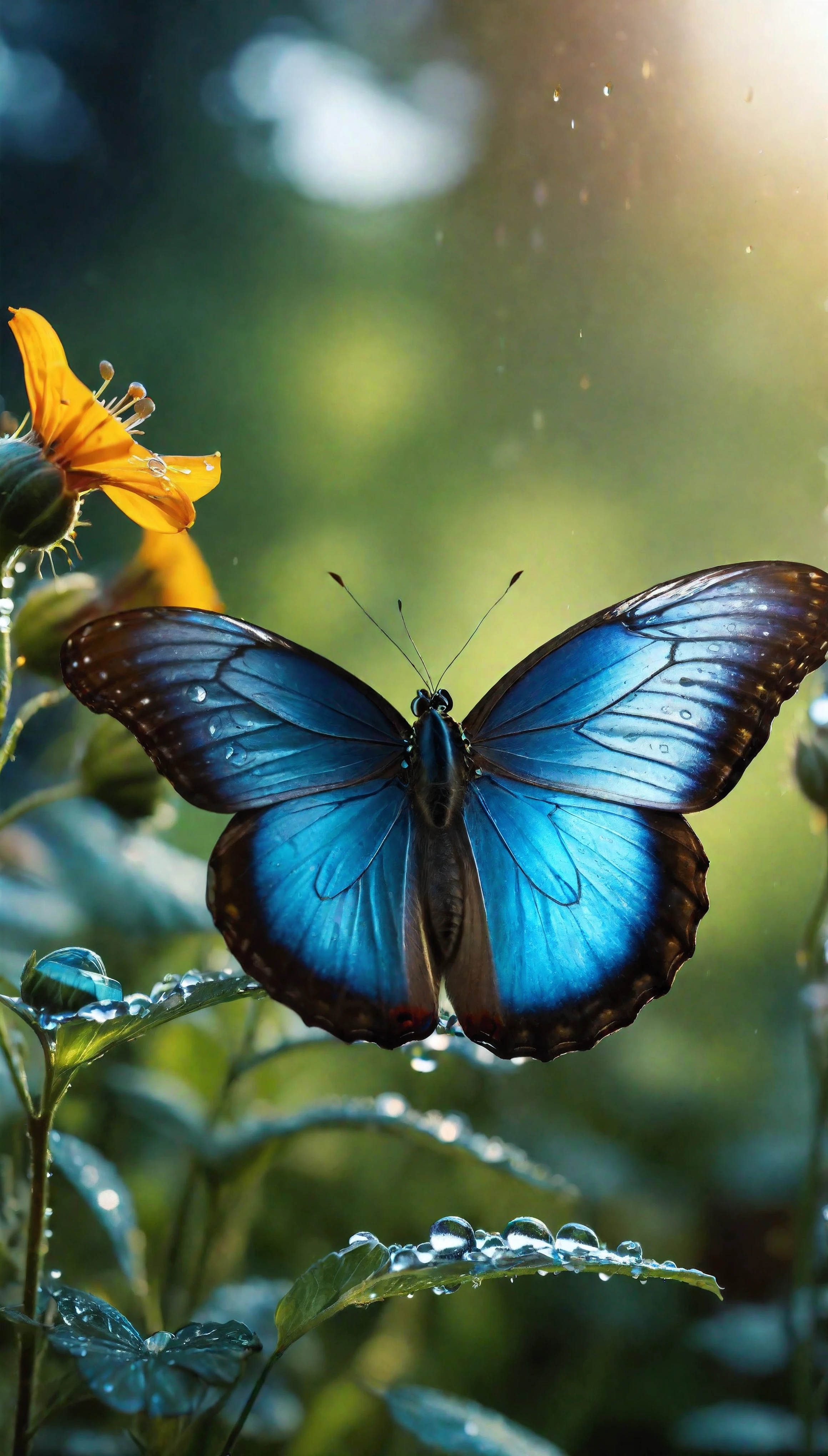 ((Masterpiece in maximum 16K resolution):1.6),((soft_color_photograpy:)1.5), ((Ultra-Detailed):1.4),((Movie-like still images and dynamic angles):1.3),| (Macro shot cinematic photo of a Blue Morpho Butterfly at a flower), (macro lens), (pollen), (dewdrops), (shimmer), (visual experience) ,(Realism), (Realistic),award-winning graphics, dark shot, film grain, extremely detailed, Digital Art, rtx, Unreal Engine, scene concept anti glare effect, All captured with sharp focus. | Rendered in ultra-high definition with UHD and retina quality, this masterpiece ensures anatomical correctness and textured skin with super detail. With a focus on high quality and accuracy, this award-winning portrayal captures every nuance in stunning 16k resolution, immersing viewers in its lifelike depiction. | ((perfect_composition, perfect_design, perfect_layout, perfect_detail, ultra_detailed)), ((enhance_all, fix_everything)), More Detail, Enhance.