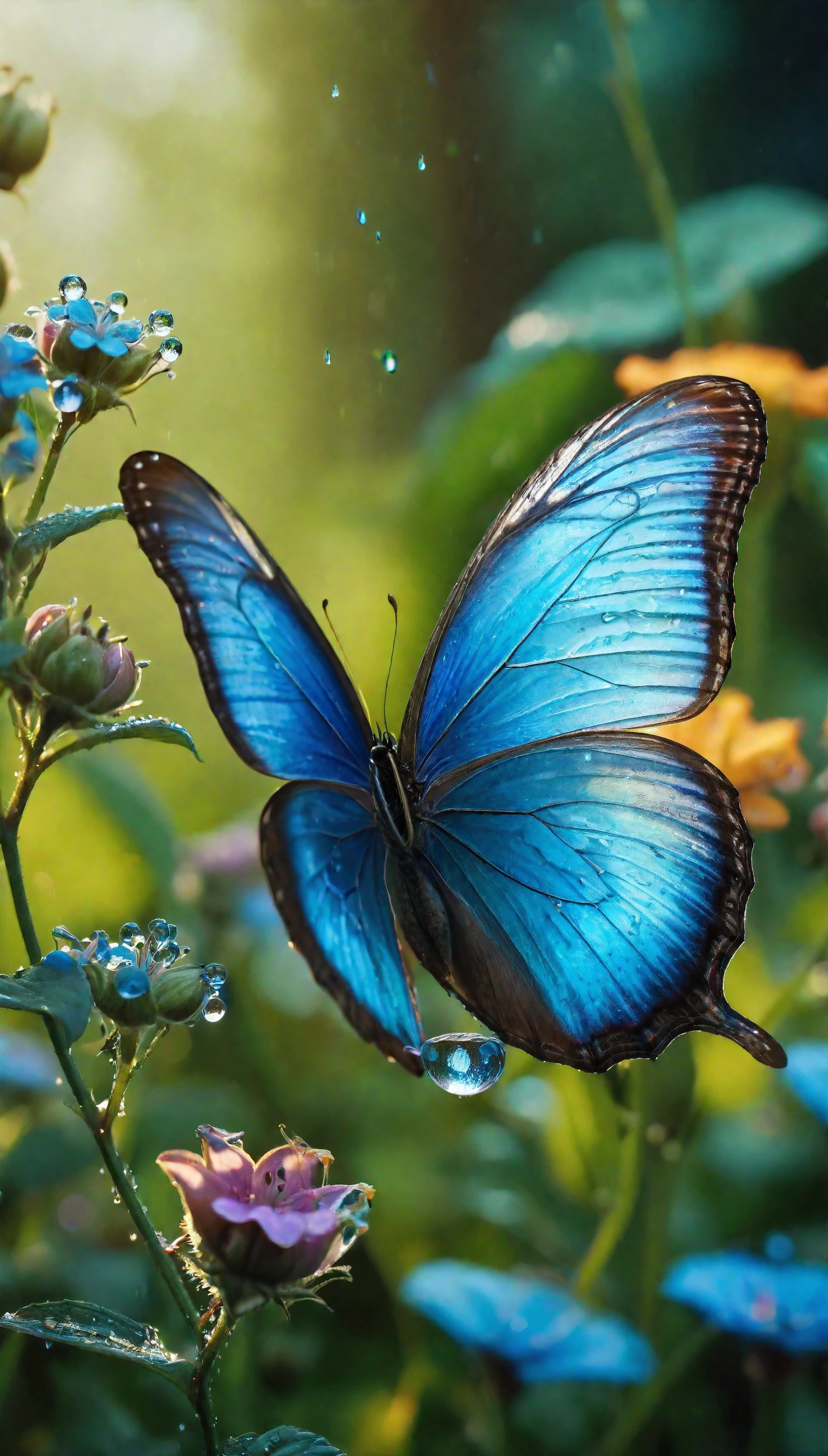 ((Masterpiece in maximum 16K resolution):1.6),((soft_color_photograpy:)1.5), ((Ultra-Detailed):1.4),((Movie-like still images and dynamic angles):1.3),| (Macro shot cinematic photo of a Blue Morpho Butterfly at a flower), (macro lens), (pollen), (dewdrops), (shimmer), (visual experience) ,(Realism), (Realistic),award-winning graphics, dark shot, film grain, extremely detailed, Digital Art, rtx, Unreal Engine, scene concept anti glare effect, All captured with sharp focus. | Rendered in ultra-high definition with UHD and retina quality, this masterpiece ensures anatomical correctness and textured skin with super detail. With a focus on high quality and accuracy, this award-winning portrayal captures every nuance in stunning 16k resolution, immersing viewers in its lifelike depiction. | ((perfect_composition, perfect_design, perfect_layout, perfect_detail, ultra_detailed)), ((enhance_all, fix_everything)), More Detail, Enhance.