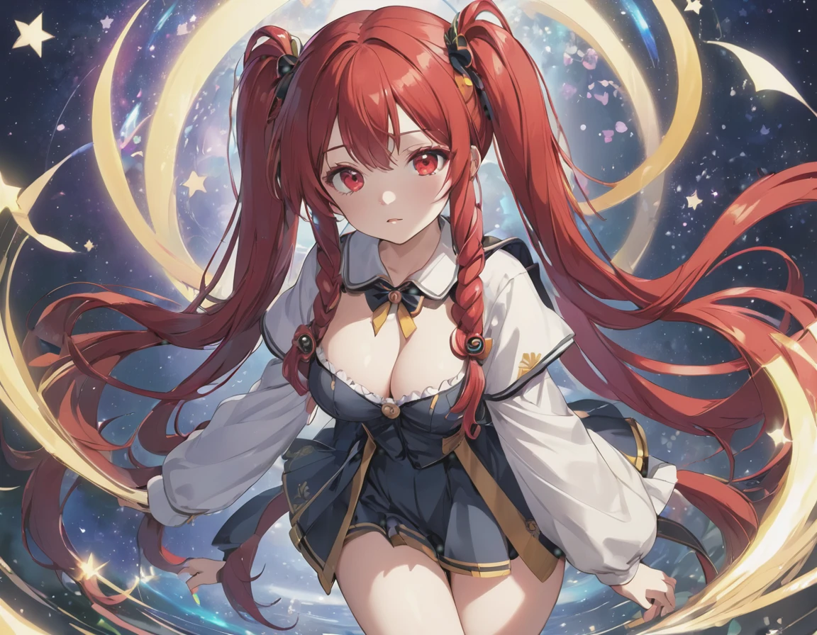 Best image quality, Excellent details, Ultra-high resolution, Best illustrations, Favorite Details, Very condensed one girl, Delicate and beautiful features, 
(1girl,  breen eyes, very long red hair, twintails, magical girl, clothed, tiny height, 13years, large breasts,disproportionate breasts), full body, three views from front, back and side, to many pose