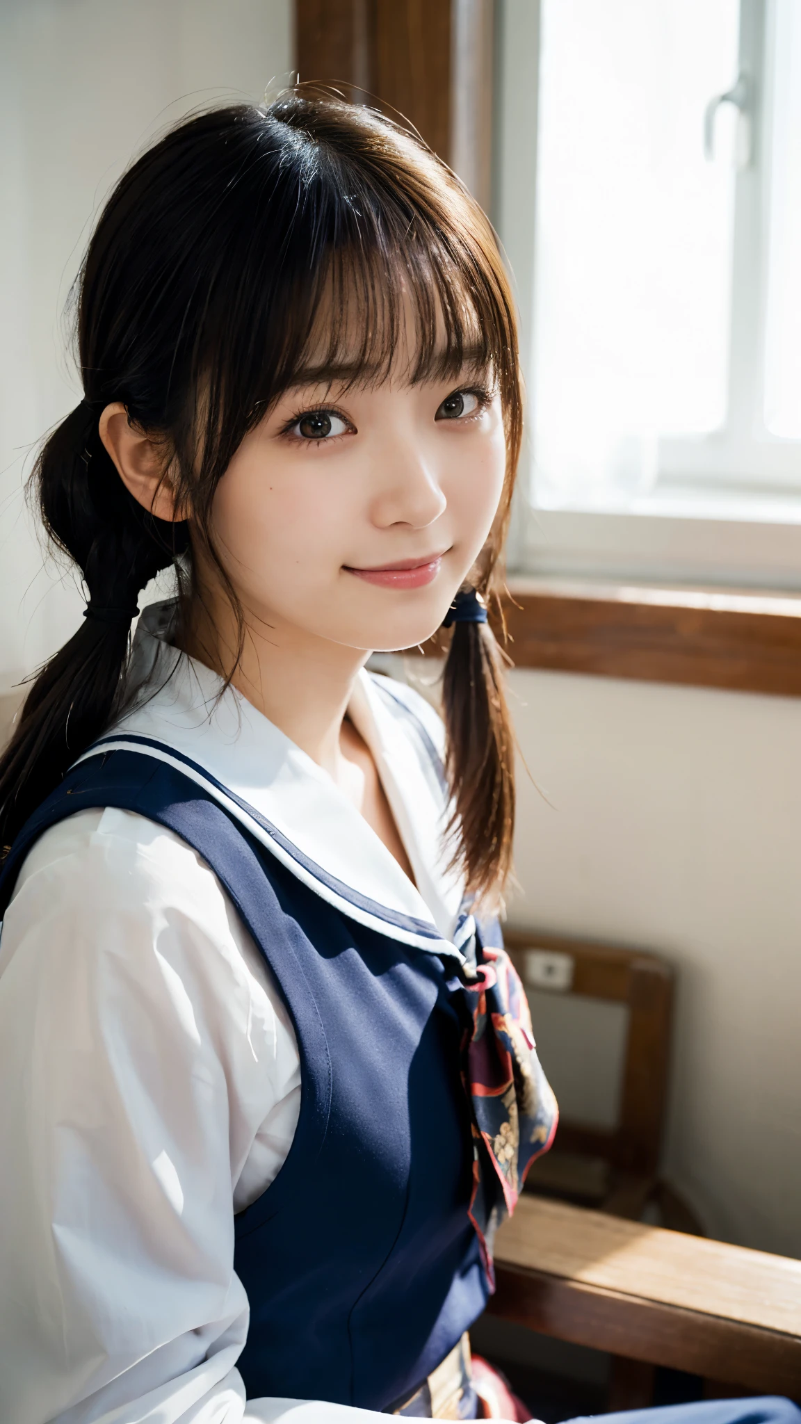 (highest quality,masterpiece:1.3,Ultra-high resolution),(Super detailed,Caustics,8k),(Photorealistic:1.4,RAW shooting),(School classroom),(The girl sitting next to me),machine,Chair,18-year-old,cute,(look at the camera with a smile),Japanese,Black hair in twin tails,Big Breasts,Sailor suit,(The light coming in from the window illuminates the girl:1.1),(Curtains fluttering in the wind),(Side Shot:1.1),(Bust up shot),(Face close up:1.1),(Low position),(Low - Angle),Natural light
