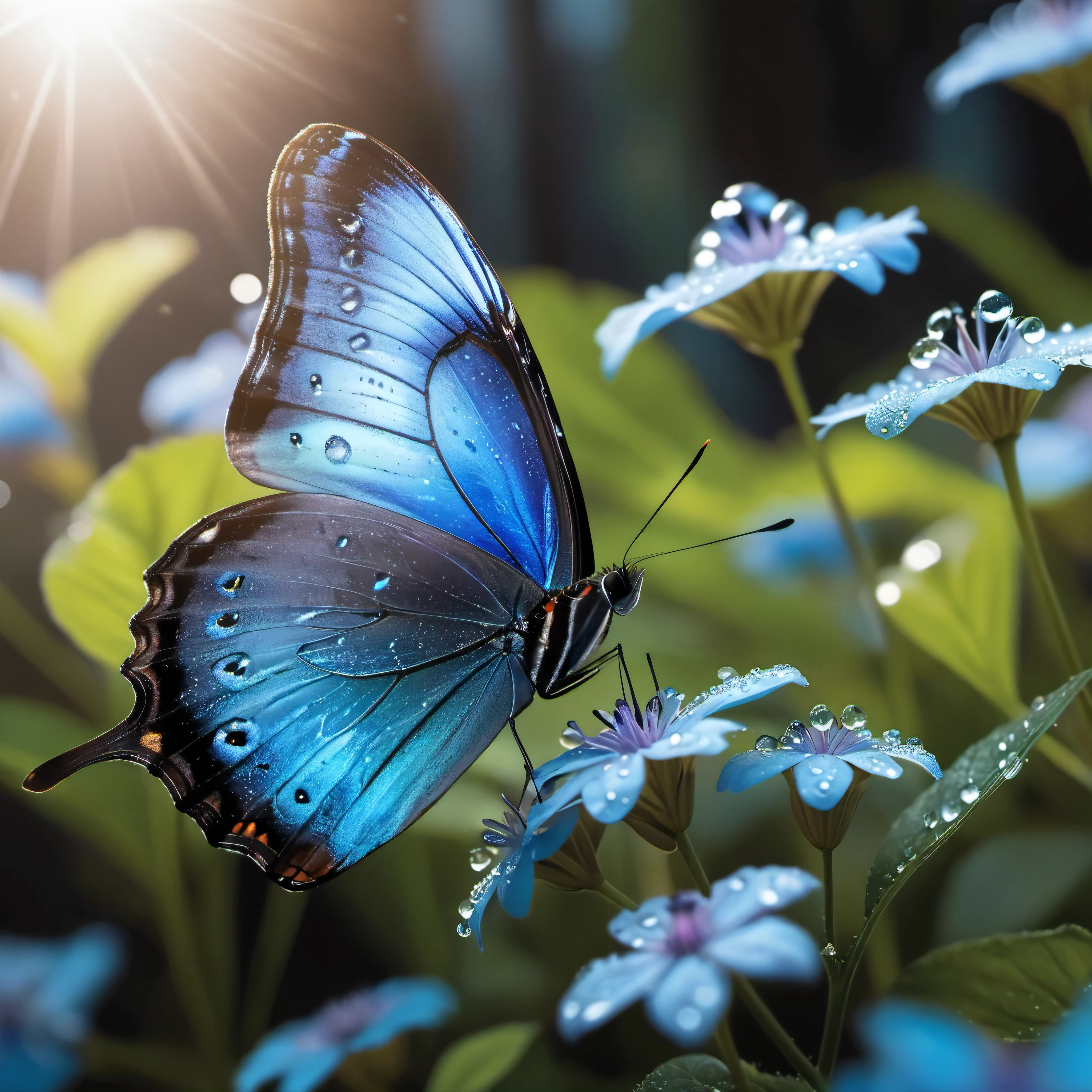 ((Masterpiece in maximum 16K resolution):1.6),((soft_color_photograpy:)1.5), ((Ultra-Detailed):1.4),((Movie-like still images and dynamic angles):1.3),| (Macro shot cinematic photo of a Blue Morpho Butterfly at a flower), (macro lens), (pollen), (dewdrops), (shimmer), (visual experience) ,(Realism), (Realistic),award-winning graphics, dark shot, film grain, extremely detailed, Digital Art, rtx, Unreal Engine, scene concept anti glare effect, All captured with sharp focus. | Rendered in ultra-high definition with UHD and retina quality, this masterpiece ensures anatomical correctness and textured skin with super detail. With a focus on high quality and accuracy, this award-winning portrayal captures every nuance in stunning 16k resolution, immersing viewers in its lifelike depiction. | ((perfect_composition, perfect_design, perfect_layout, perfect_detail, ultra_detailed)), ((enhance_all, fix_everything)), More Detail, Enhance.