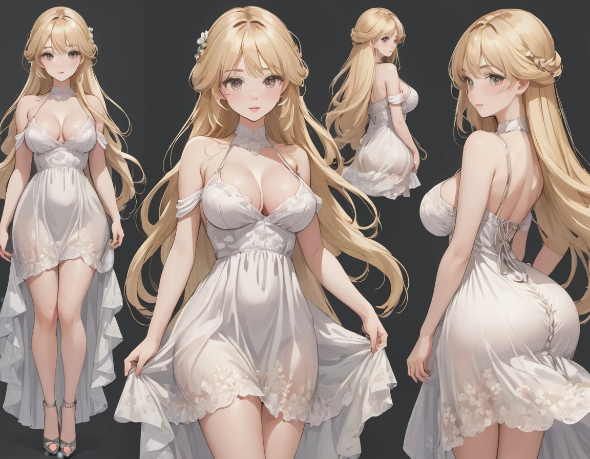 Best image quality, Excellent details, Ultra-high resolution, Best illustrations, Favorite Details, Very condensed one girl, Delicate and beautiful features, Woman with long blonde hair and large breasts in a dress,  full body, three views from front, back and side, to many pose