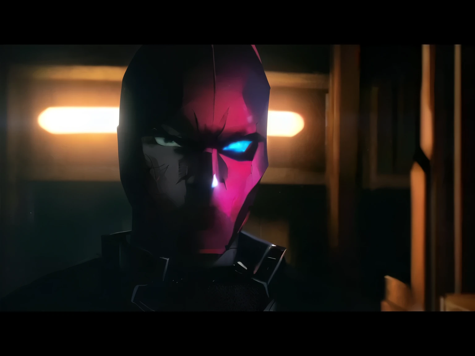 a man in a red mask and black shirt standing in a dark room, cinematic red lighting, they share one head. cinematic, cinematic lighting ”, cinematic lighting”, red hood cosplay, shot from cinematic, [ cinematic, epic lighting”, cinematic shot!, youtube thumbnail, red and cinematic lighting, cinematic closeup!!, blank stare”, cinematic full shot, cinematic close shot, cinematography”