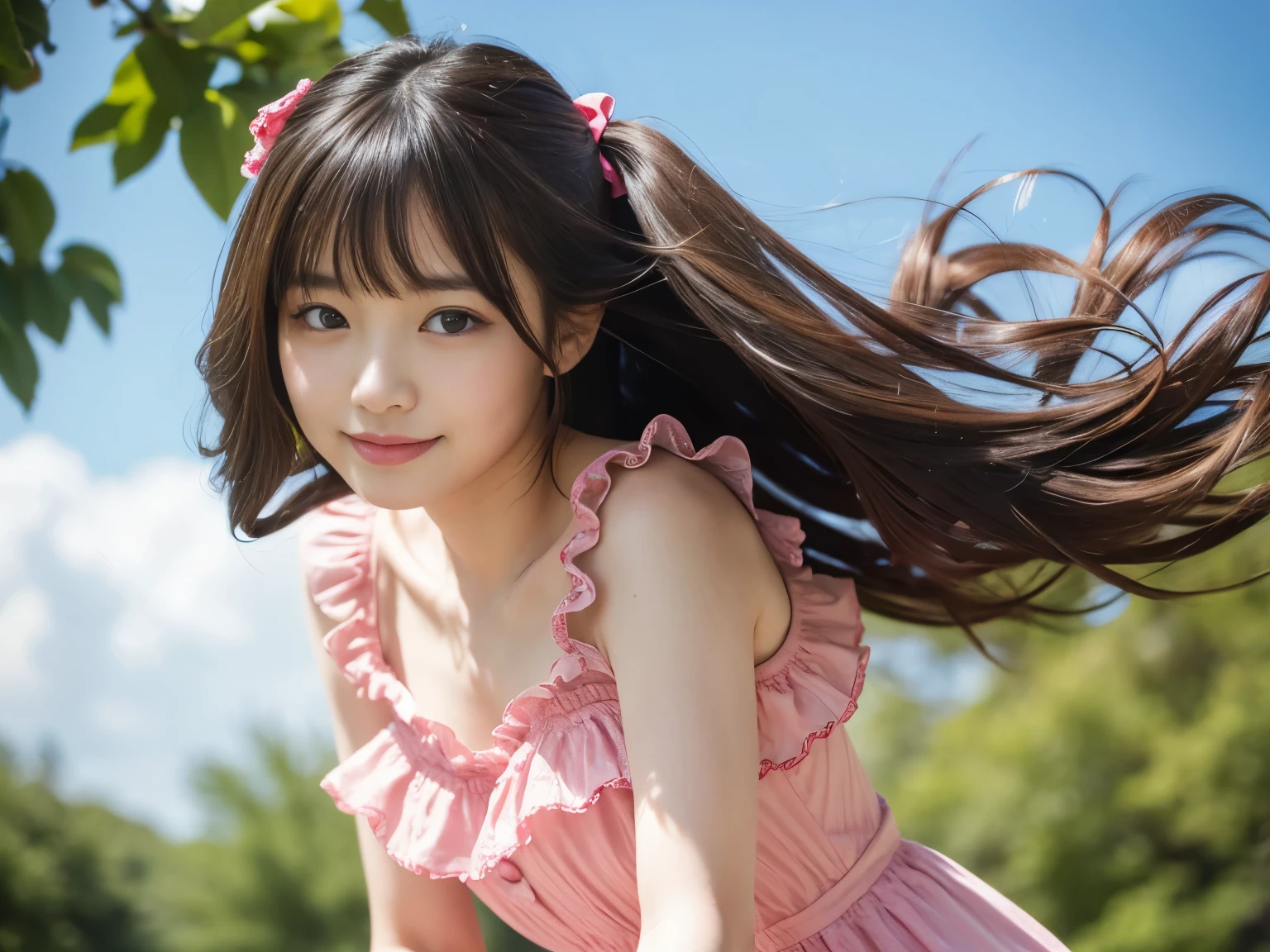 Adorable, , Japanese girl, (Frilly summer dress fluttering in the wind :1.4), Curly Hair, Hair Scrunchie, Twin tails, (Suggestive:1.2), (smile:0.8), Natural Makeup, (Highly detailed eyes:1), (highest quality:1.0), (超A high resolution:1.0) ,(Like the picture:1), (Ultra-detailed:1.0), (8k RAW photo:1.1),View your viewers, , ( Wind lift:1), Leaning forward