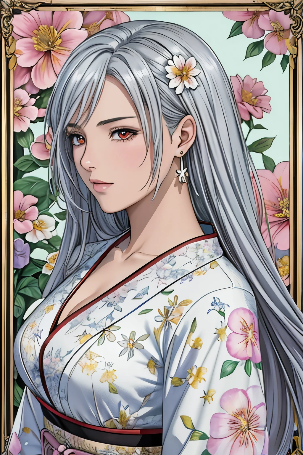 (masterpiece, top-quality, top-quality, Official art, Beautifully Aesthetic:1.2), red eyes, (highest quality, masterpiece painting:1.3), immature woman, , (half body shot), masterpiece, ultra high resolution, (((Flower frame, A lot of flowers in the frame, A beautiful girl fits into the frame))), Decorative panel, abstract art, (shot from a side angle), (Photoreal:1.0), ((light silver hair)),straight hair, beautiful shining hair, white and shining skin, Painterly, sketch, Texture, 超A high resolution, solo, Beautuful Women, A highly detailed, (Fractal Art:1.1), (colourfull:1.1), (florals:1.6), The most detailed, (Zentangle:1.2), (Dynamic Poses), (Abstract background:1.3), (shinny skin), (Many colors:0.8), (earrings:1.4), (pluma:0.9), Taisho romance