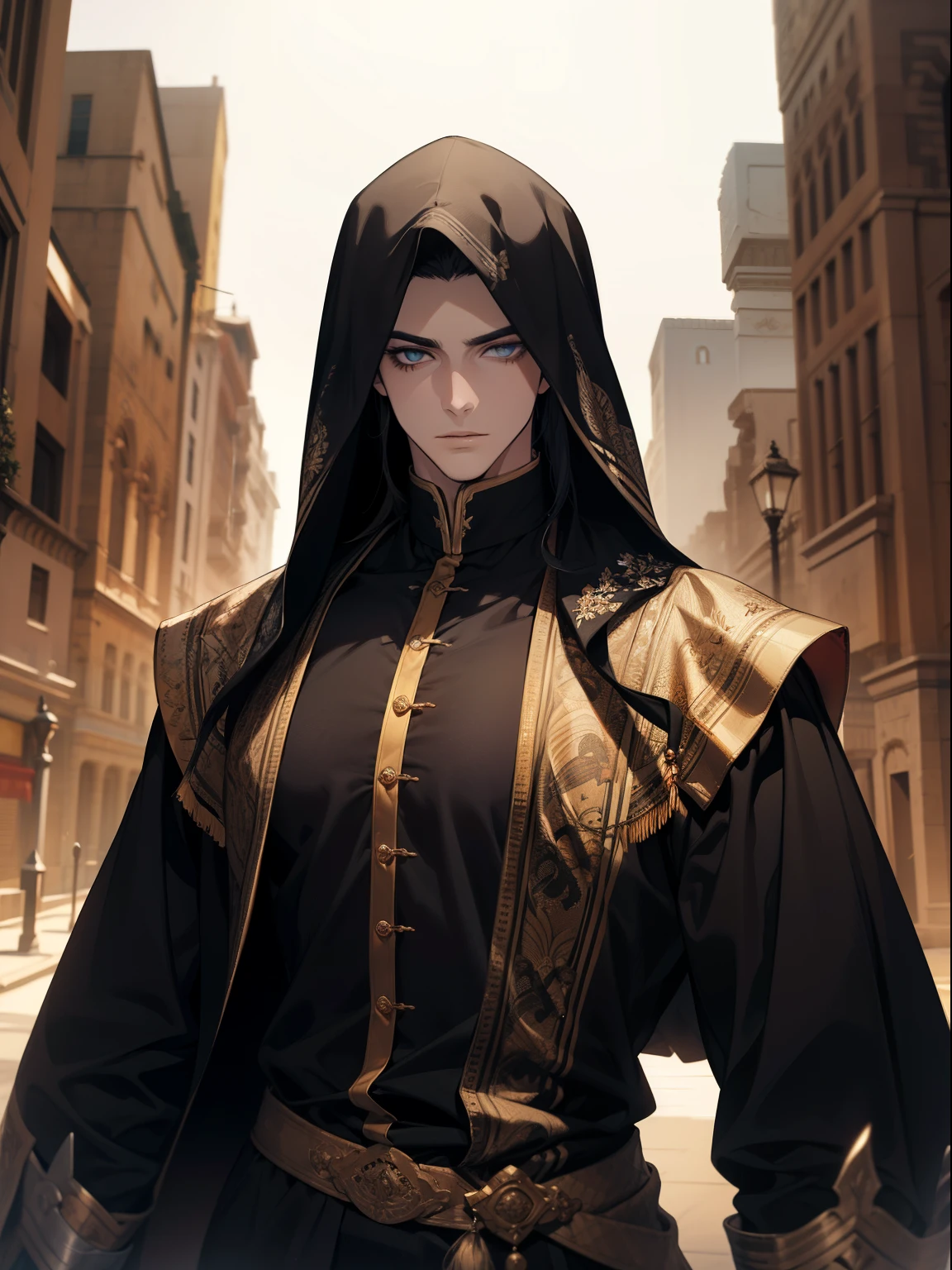 (absurdos, high resolution, ultra detalhado), 1 homem, adulto, bonito, cara alto e musculoso, ombros largos, olhos finamente detalhados e rosto detalhado, deserto, corpo todo, Middle Eastern clothing, cabelo preto curto, olhos castanhos, focado na cena, a guy starting the journey