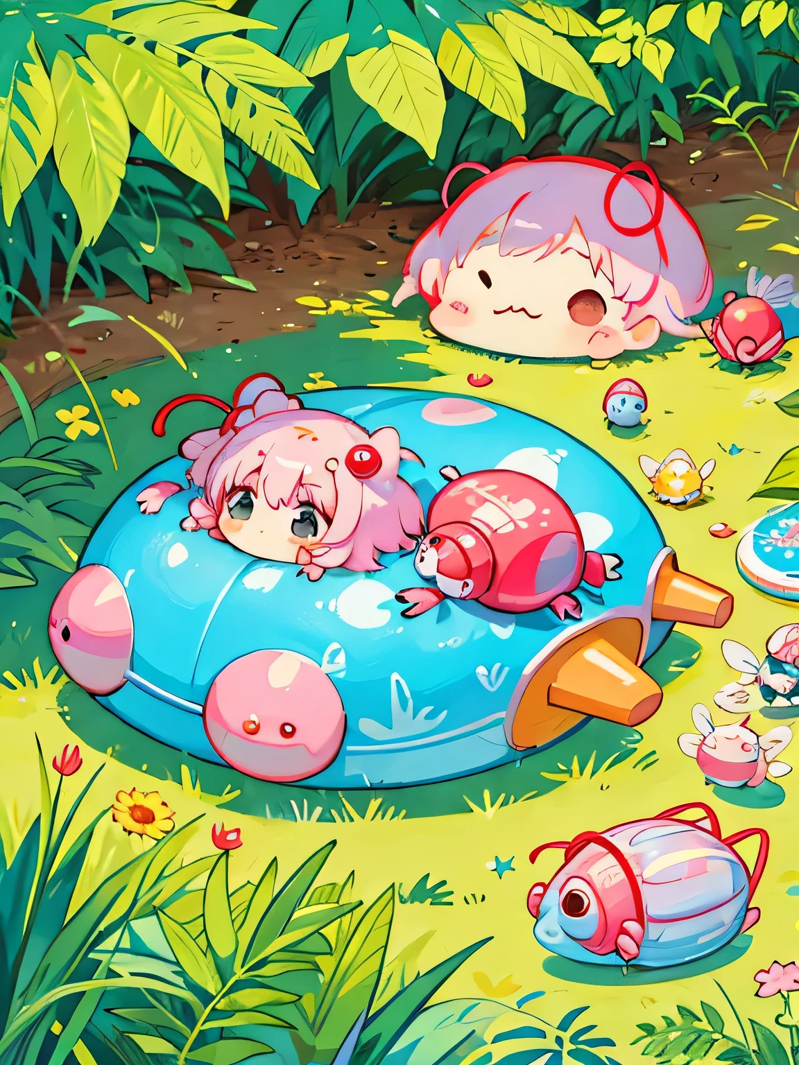 Momoko Sakura style, Kawaii Design, Chibi, Hot Summer Afternoon、Lots of friendy friend is a pillbug、lovely colorful pillbug、Pepsi、