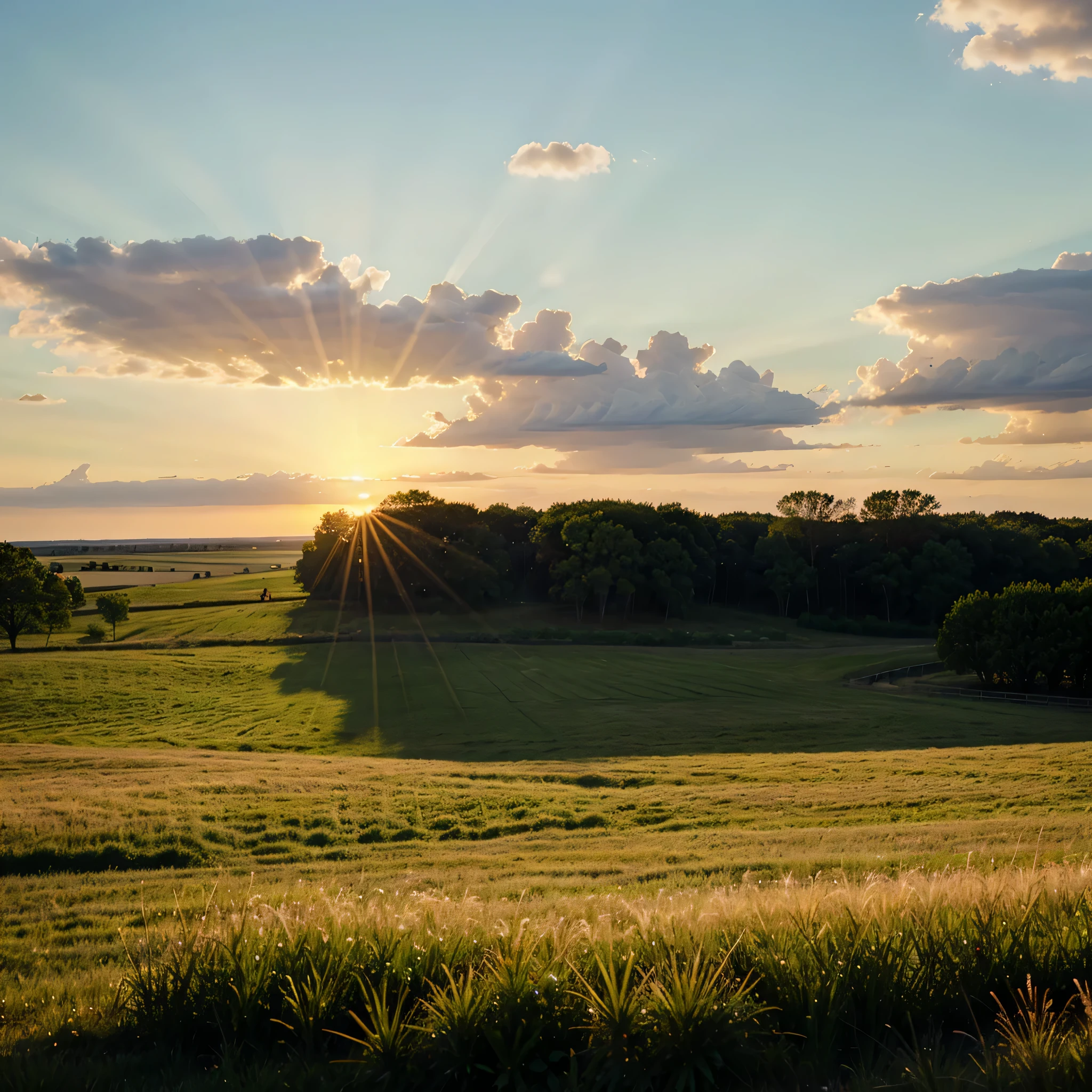 Prairie, field meadow, a few trees in the distance, mottled light and shadow, beautiful, masterpiece