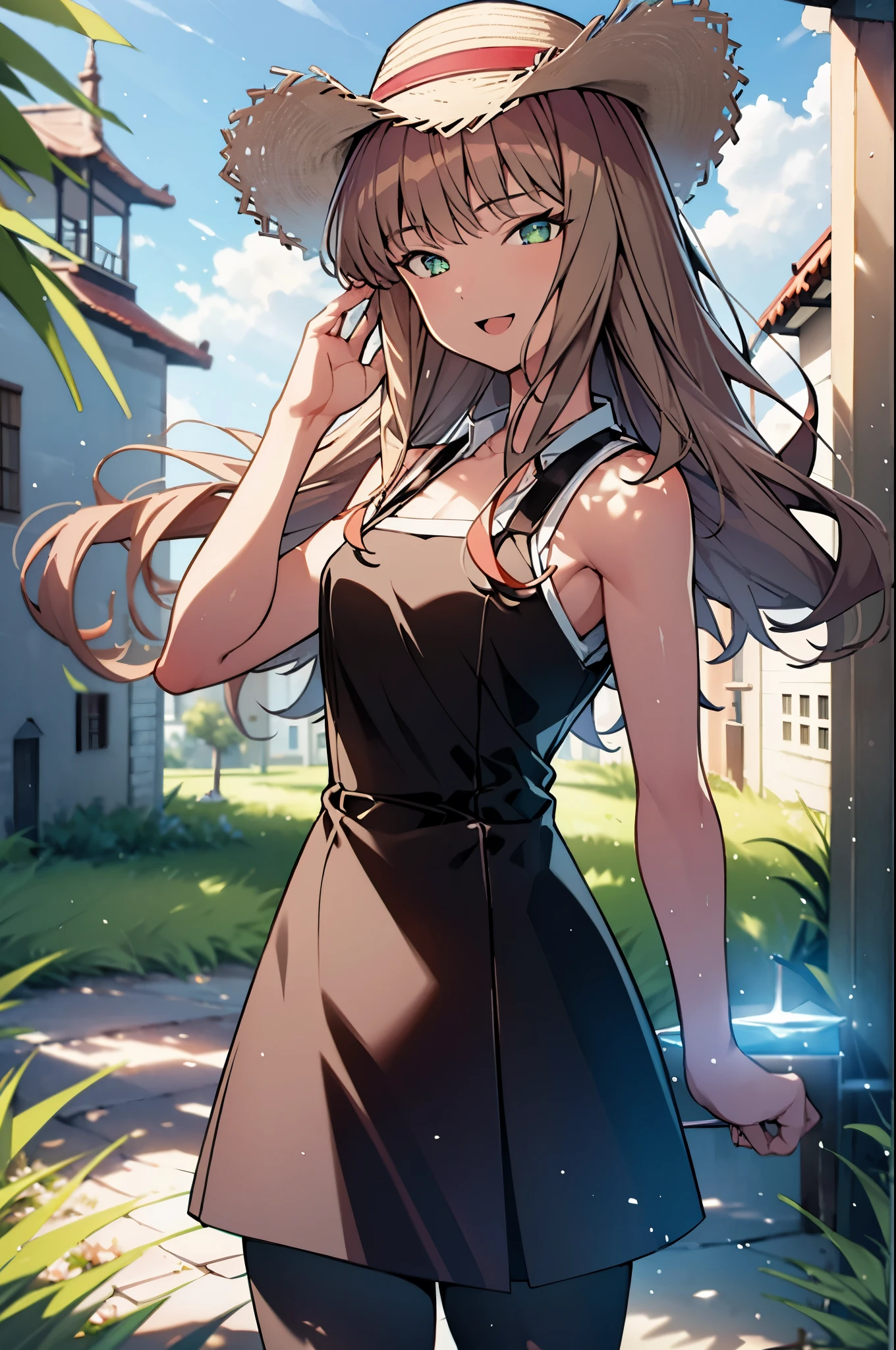 8k,highest quality,masterpiece,The seeds of a southern dream,The seeds of a southern dream sss Dynazenon,Brown Hair,Long Hair,Green Eyes,Short braided hair,happy smile, smile, Open your mouth,Big straw hat,Sleeveless dress,Bare arms,Long skirt,Cute heeled sandals,Building district,Clear skies,Daytime,(Cowboy Shot:1. 5),(masterpiece:1.2), highest quality, High resolution, unity 8k wallpaper, (shape:0.8), (Beautiful and detailed:1.6), Highly detailed face, Perfect lighting, Highly detailed CG, (Perfect hands, Perfect Anatomy),