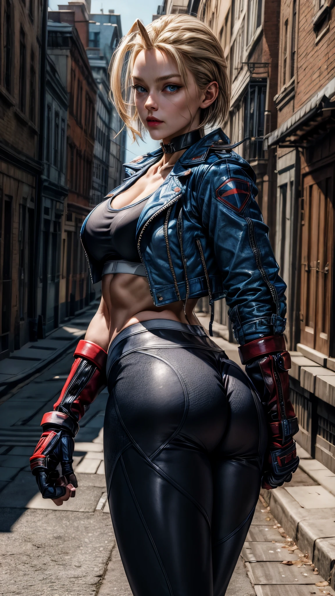 masterpiece, best quality, highres, 1girl, cammy white, short hair, antenna hair, blue eyes, scar on cheek, large breasts, black choker, collarbone, blue jacket, cropped jacket, open jacket, sports bra, midriff, fingerless gloves, black gloves, black pants, standing, cowboy shot, stair, outdoors, showing big buttocks, thick thighs, curvy hips 