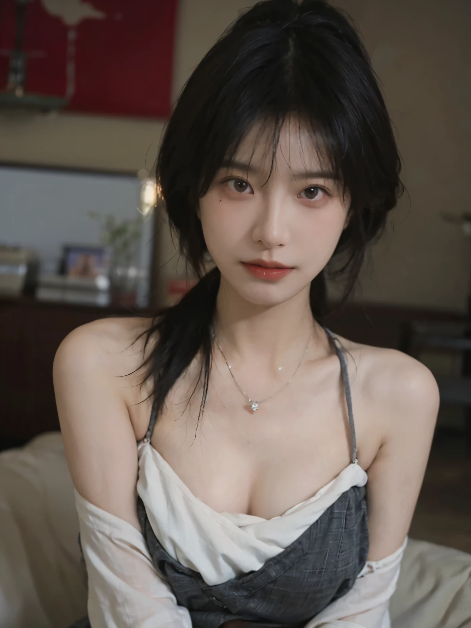 Film portrait photography, 2 girls, Bare shoulders,Lipstick,(flat chest:1.4), Wear a necklace,Cute expression,Exquisite makeup,Red suspenders,serene, calm, (Realistic and detailed eyes, Natural skin texture, Realistic facial details), Big breasts:1.6,Big Breasts,Soft dramatic lighting, Depth of Field, Bokeh, Vibrant details, Detailed and detailed, Surreal, 35mm film, hazy, ,