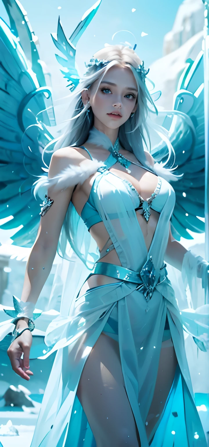 Frost Goddess,Frozen fluid,Ice World,ice,1girl,Ice Wings,Ice Feather,Translucent clothing,angel,angel wings,blue eyes,blue wings,large wings,Four wings,Dynamic pose,Ice leaves,Metal triangular waistband,White hair,Floating ice crystals,Front,upper body,above knees,spread wings,breasts,Translucent ribbon,bubble,cleavage,halo,long hair,medium breasts,navel,solo,water,wings,
