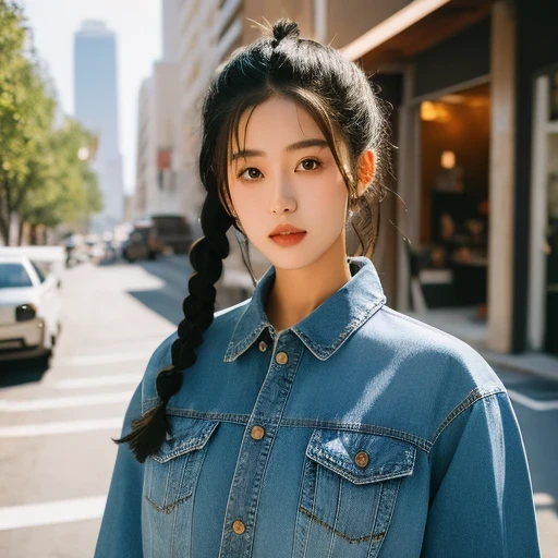 arafed woman with braids in a denim shirt and jeans jacket, by Zhang Han, two pigtails hairstyle, a cute young woman, pigtails hairstyle, young cute wan asian face, by Xia Yong, chinese girl, a beautiful young woman, soft portrait shot 8 k, by Ye Xin, beautiful young girl, young adorable korean face, girl cute-fine-face, , solo,arafed woman with long black hair wearing a denim shirt, korean women's fashion model, photo of slim girl model, cropped shirt with jacket, modern casual clothing, wearing a cropped tops, casual modern clothing, trendy clothes, dilraba dilmurat, wearing a sexy cropped top, wearing tight simple clothes, 17 year old female model, open v chest clothes(((1girl)))