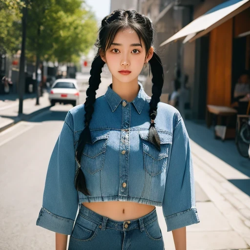 arafed woman with braids in a denim shirt and jeans jacket, by Zhang Han, two pigtails hairstyle, a cute young woman, pigtails hairstyle, young cute wan asian face, by Xia Yong, chinese girl, a beautiful young woman, soft portrait shot 8 k, by Ye Xin, beautiful young girl, young adorable korean face, girl cute-fine-face, , solo,arafed woman with long black hair wearing a denim shirt, korean women's fashion model, photo of slim girl model, cropped shirt with jacket, modern casual clothing, wearing a cropped tops, casual modern clothing, trendy clothes, dilraba dilmurat, wearing a sexy cropped top, wearing tight simple clothes, 17 year old female model, open v chest clothes(((1girl)))
