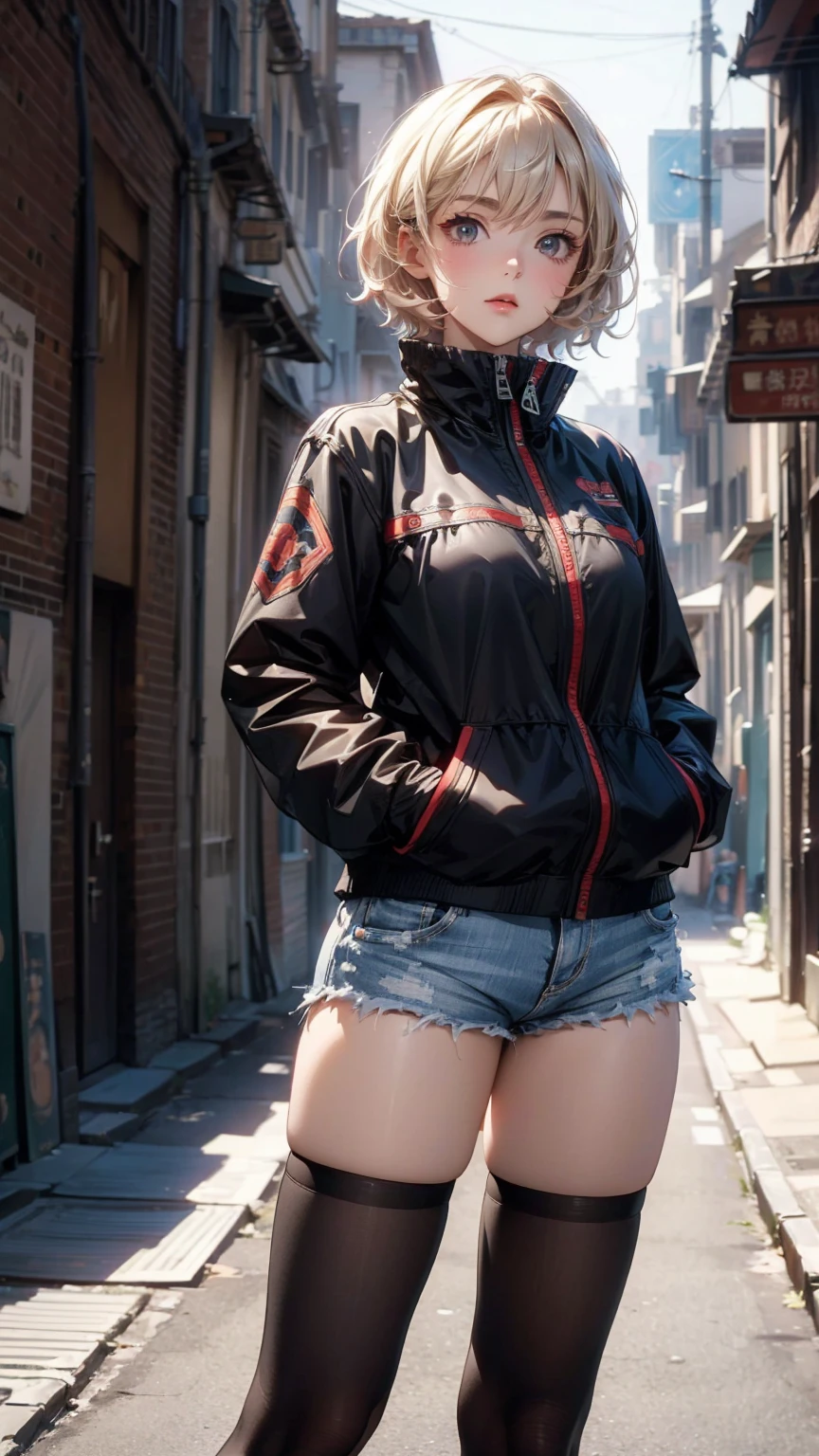 ((Highly detailed CG unit 8K wallpaper, masterpiece, High resolution, highest quality)), Structure from head to thighs:1.3, Upper body focus, 20-year-old woman, short hair, Avant-garde makeup, Hands in pockets pose:1.5, Blouson&Coordination of micro mini shorts, Blurred Background, A deserted back alley in Paris, Cinema Lighting, Anime Style, Simple lines, Digital Painting,