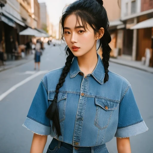 arafed woman with braids in a denim shirt and jeans jacket, by Zhang Han, two pigtails hairstyle, a cute young woman, pigtails hairstyle, young cute wan asian face, by Xia Yong, chinese girl, a beautiful young woman, soft portrait shot 8 k, by Ye Xin, beautiful young girl, young adorable korean face, girl cute-fine-face, , solo,arafed woman with long black hair wearing a denim shirt, korean women's fashion model, photo of slim girl model, cropped shirt with jacket, modern casual clothing, wearing a cropped tops, casual modern clothing, trendy clothes, dilraba dilmurat, wearing a sexy cropped top, wearing tight simple clothes, 17 year old female model, open v chest clothes(((1girl)))