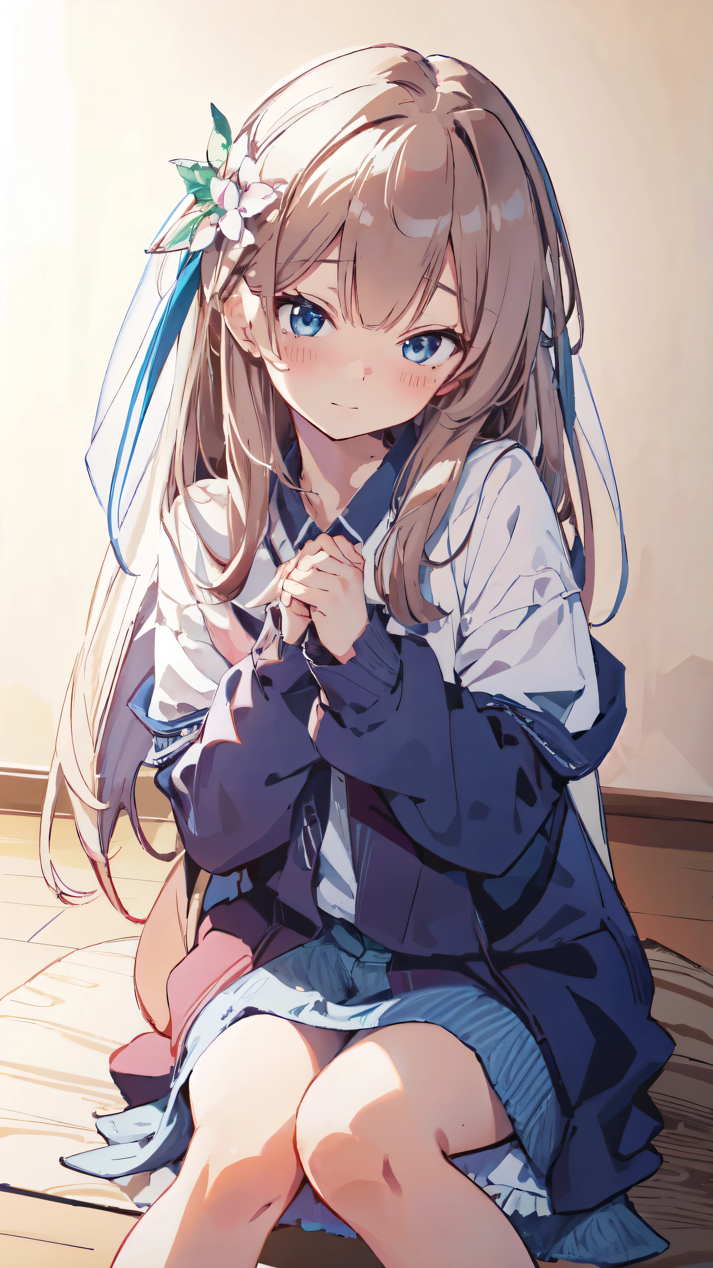 Masterpiece、Highest quality、highest quality、((((Petite))))、(((Lori)))、 ((Blushing with a shy expression))、Shiny hair quality、Small face、Sitting、Super detailed, beautiful, wide eyes、Ultra-detailed, clear and beautiful faces、(cute illustration:1.2), High-resolution, ultra-detailed, best quality, embarrassed