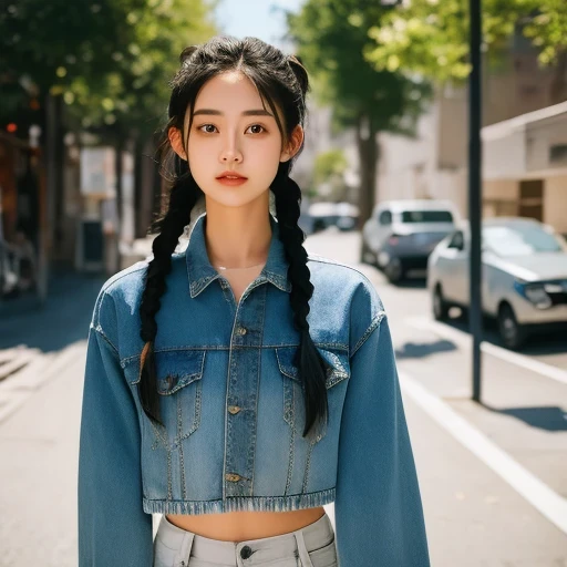 arafed woman with braids in a denim shirt and jeans jacket, by Zhang Han, two pigtails hairstyle, a cute young woman, pigtails hairstyle, young cute wan asian face, by Xia Yong, chinese girl, a beautiful young woman, soft portrait shot 8 k, by Ye Xin, beautiful young girl, young adorable korean face, girl cute-fine-face, , solo，arafed woman with long black hair wearing a denim shirt, korean women's fashion model, photo of slim girl model, cropped shirt with jacket, modern casual clothing, wearing a cropped tops, casual modern clothing, trendy clothes, dilraba dilmurat, wearing a sexy cropped top, wearing tight simple clothes, 17 year old female model, open v chest clothes（（（1girl）））