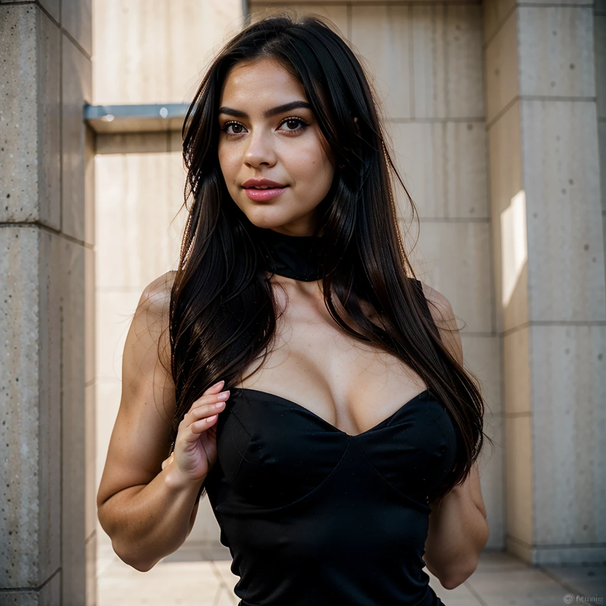 photorealistic, lip gloss, realistic, best quality, ultra high resolution, depth, pastel color, natural shading, focus on the face, just the face, looking at the viewer, long hair, black hair, brown and well-detailed eyes, black dress, gloves, anatomically correct