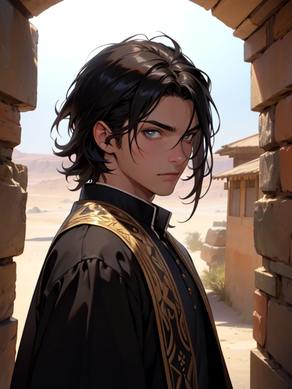 (absurdos, high resolution, ultra detalhado), 1 homem, adulto, bonito, cara alto e musculoso, ombros largos, olhos finamente detalhados e rosto detalhado, deserto, corpo todo, Middle Eastern clothing, cabelo preto curto, olhos castanhos, focado na cena, a guy starting the journey
