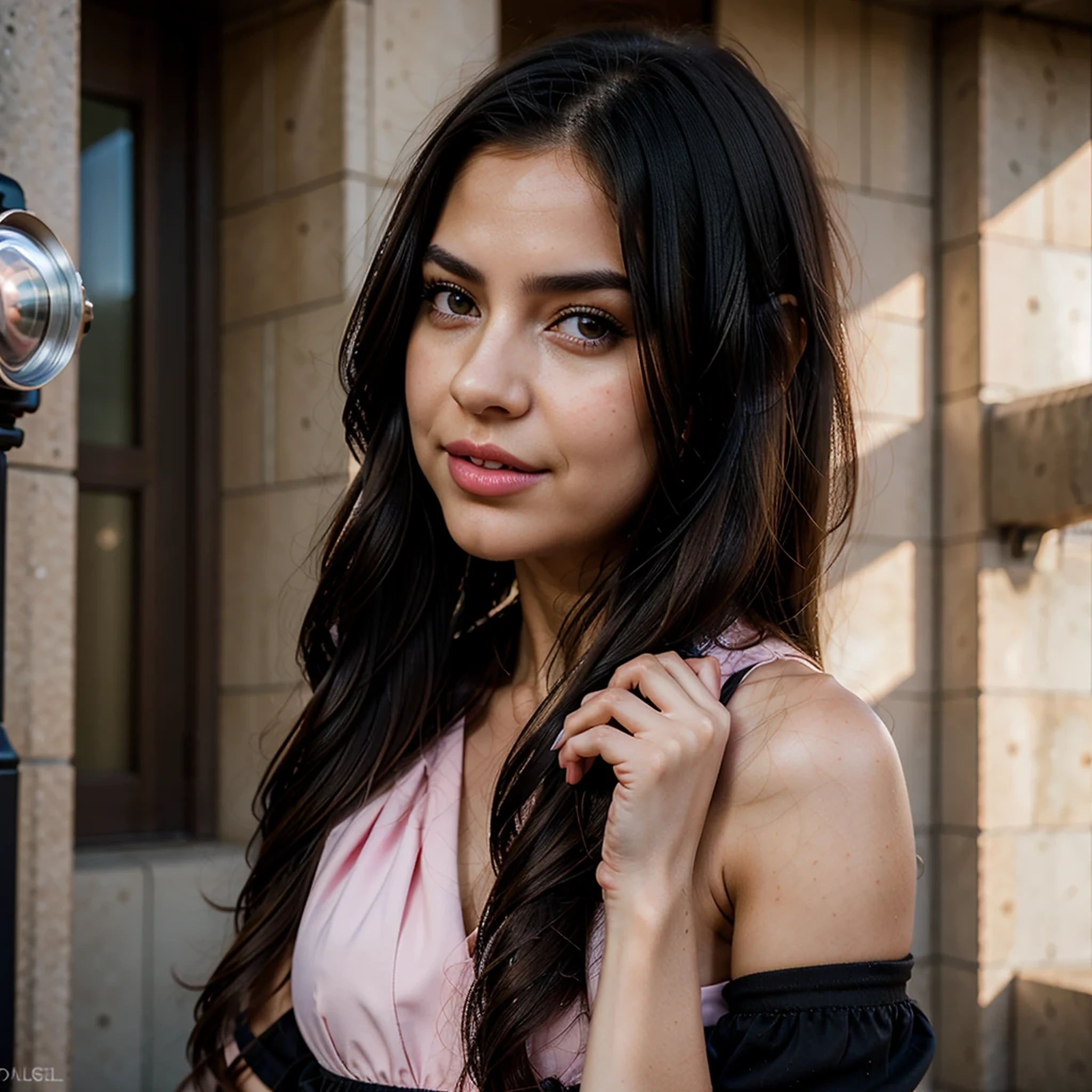photorealistic, lip gloss, realistic, best quality, ultra high resolution, depth, pastel color, natural shading, focus on the face, just the face, looking at the viewer, long hair, black hair, brown and well-detailed eyes, black dress, gloves, anatomically correct