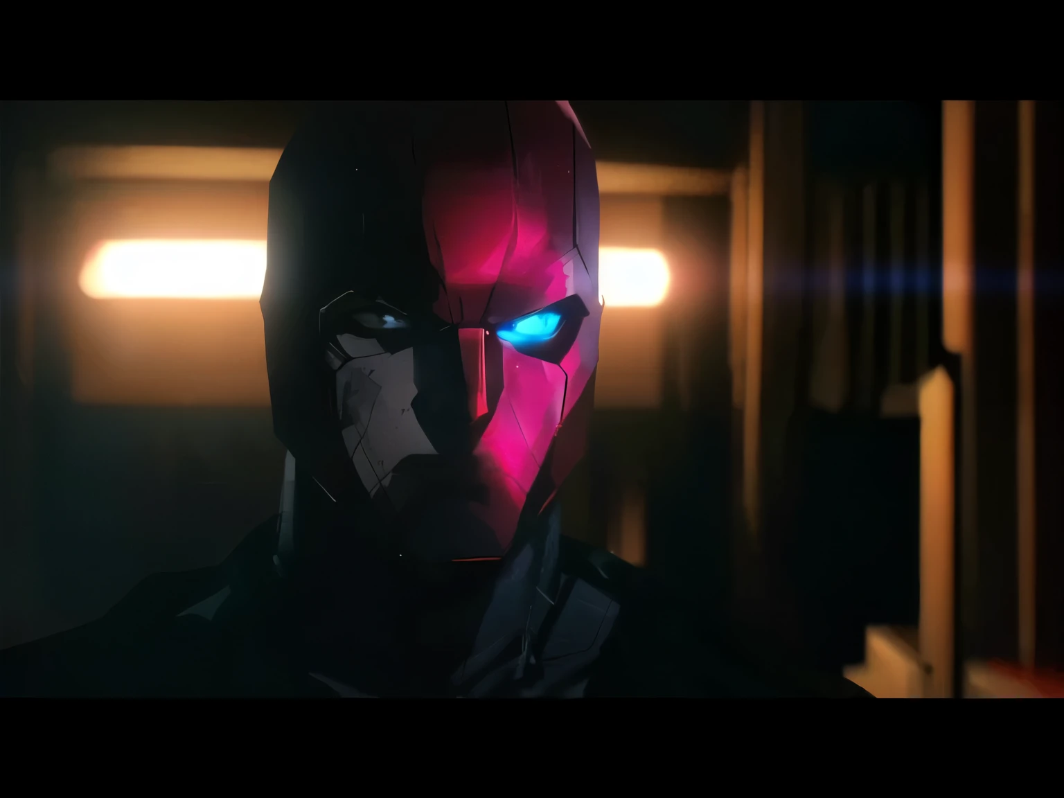 a man in a red mask and black shirt standing in a dark room, cinematic red lighting, they share one head. cinematic, cinematic lighting ”, cinematic lighting”, red hood cosplay, shot from cinematic, [ cinematic, epic lighting”, cinematic shot!, youtube thumbnail, red and cinematic lighting, cinematic closeup!!, blank stare”, cinematic full shot, cinematic close shot, cinematography”