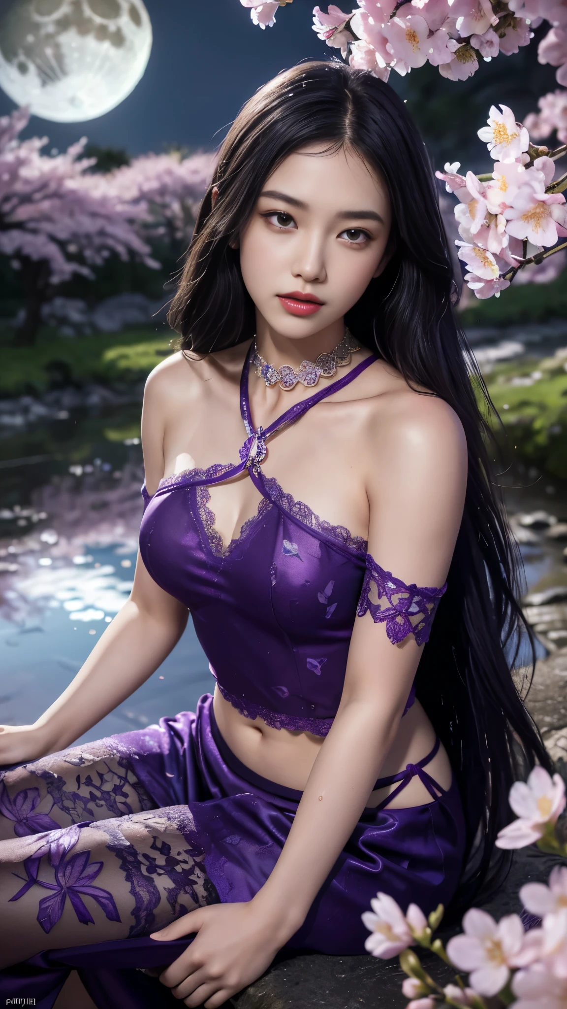 8K, ultra hd, masterpiece, 1 girl, 18 years old, good face, very long hair, detailed eyes, detailed lips, small breasts, detailed clothing, purple clothing, ((criss-cross lace), sardine, bare waist, ornament, jewellery, antique jewellery, loops, straps, dim lighting, epic scenery, night scenery, ((moon light)), cherry blossom, beautiful, rain, flowers, butterfly, water reflection, RTX 4090, ray tracing, bloom effect, front body pose, sitting,