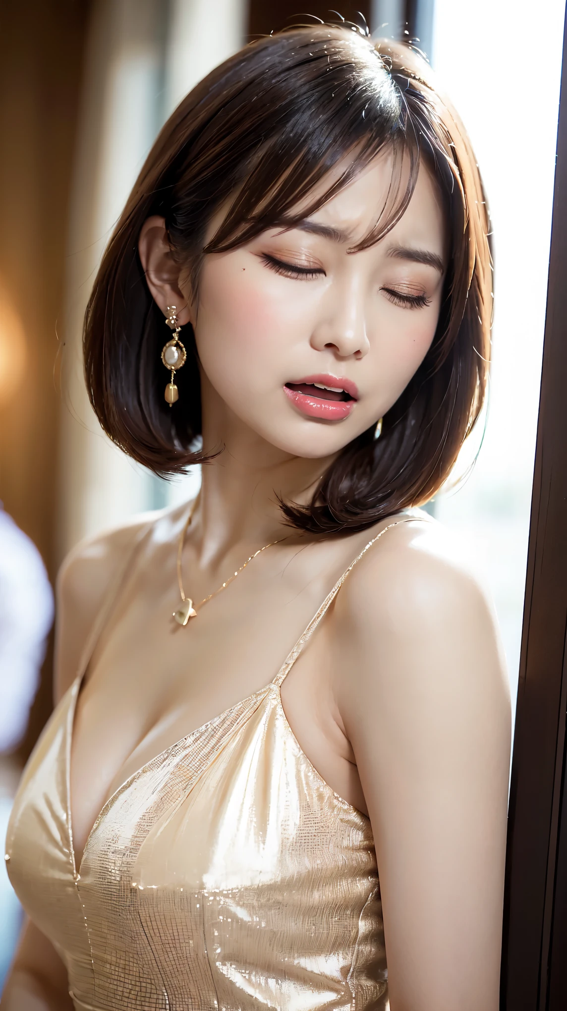 1 female, Beautiful Japanese actresses, Age 25, Double Eyes,mile, Detailed face, Big earrings，Large Necklace, Flashy makeup using red eyeshadow，light brown delicate middle cut hair，the tips of the hair are wavy，Classy hairstyle，fine grain,Slender actress, Big Breasts, valley, Small hips, Side Bust Barbosa), Sexy silk embroidered mermaid dress:1.2), break long black hair, ((Seduce you)),BREAK ceremony,((Random sexy poses、Insert、Deep joy、Severe pain、Ecstatic eyes:1.2）,Despair, ((I close my eyes and gasp hard:1.2))、Ecstatic face、Climax expression、Endure:1.5)), Grit your teeth、My whole body is convulsing、Official Art，Highly detailed CG Unity 8k wallpaper, (masterpiece:1.0),(highest quality:1.0), photo shoot, 8k, Browsing Caution, High resolution, Kodak Portrait 400, Film Grain, Lens flare brilliance,View your viewers, View from the front