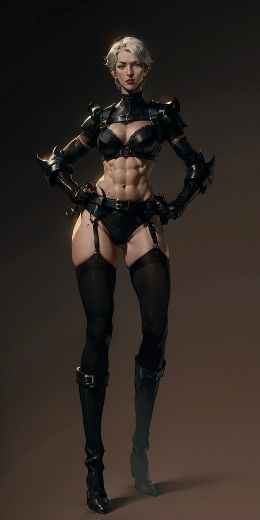 ((Plain background 1:2)) (Cammy White Street Fighter white silver short bob haircut) Female full body standing straight symmetrical looking to the viewer RED full body armored (handcuffs, shackles, rerebrace, faulds, poleyn, gauntlets, leather collar choker, gloves, gauntlets, high boots bootstraps, black stockings) 2 crossing big belt under belly button, navel, abs, garter straps belts attaching bra ((hands on hips)) view from below, wide hips
