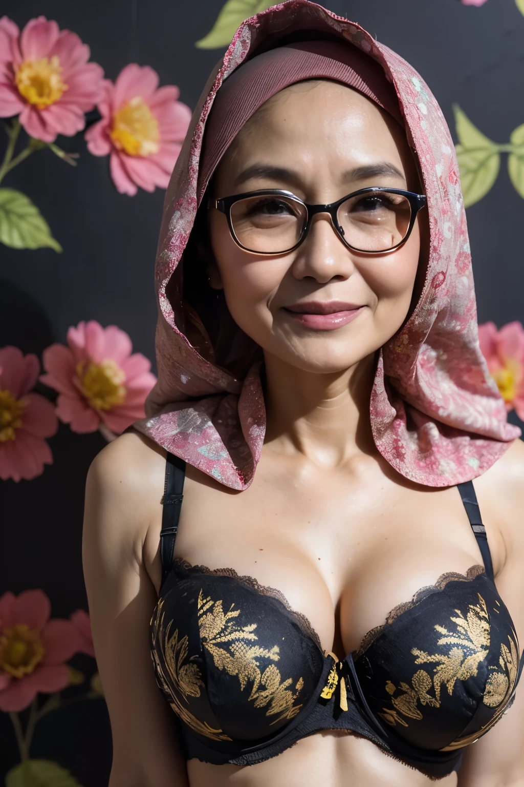 Spectacles, ((Old body lady:1.3)), ((Old lady:1.6)), (Happy smile), (((HIJAB MALAY GIRL))), masutepiece, High quality, UHD 32K, Realistic face, Realistic skin feeling , A Japanese Lady, 58 years old matured lady, , Very cute and baby-like face, (((FLAT CHEST))), (Night time at forest), ((look In front at the camera and SADNESS)), (((CUTE GIRL))), ((GOLD FLUORESCENT LIPS)), ((Floral Pattern)) little ((wearing strapless)), strapless colorfull, dark night background , black forest night, horror scary place, (from behind up) seductive pose, ((Huge bra:1.6)) Heavy Nipples