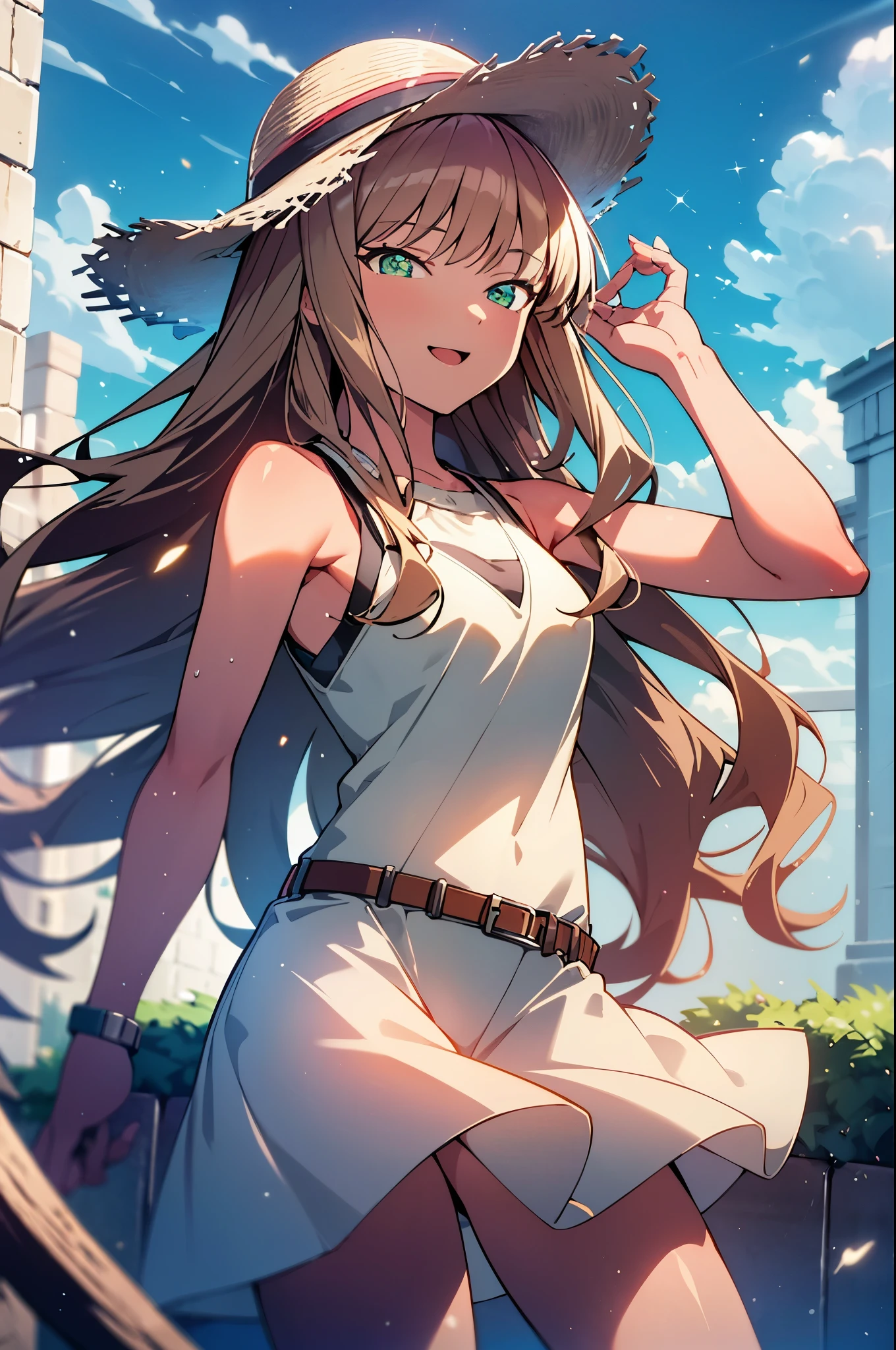 8k,highest quality,masterpiece,The seeds of a southern dream,The seeds of a southern dream sss Dynazenon,Brown Hair,Long Hair,Green Eyes,Short braided hair,happy smile, smile, Open your mouth,Big straw hat,Sleeveless dress,Bare arms,Long skirt,Cute heeled sandals,Building district,Clear skies,Daytime,(Cowboy Shot:1. 5),(masterpiece:1.2), highest quality, High resolution, unity 8k wallpaper, (shape:0.8), (Beautiful and detailed:1.6), Highly detailed face, Perfect lighting, Highly detailed CG, (Perfect hands, Perfect Anatomy),