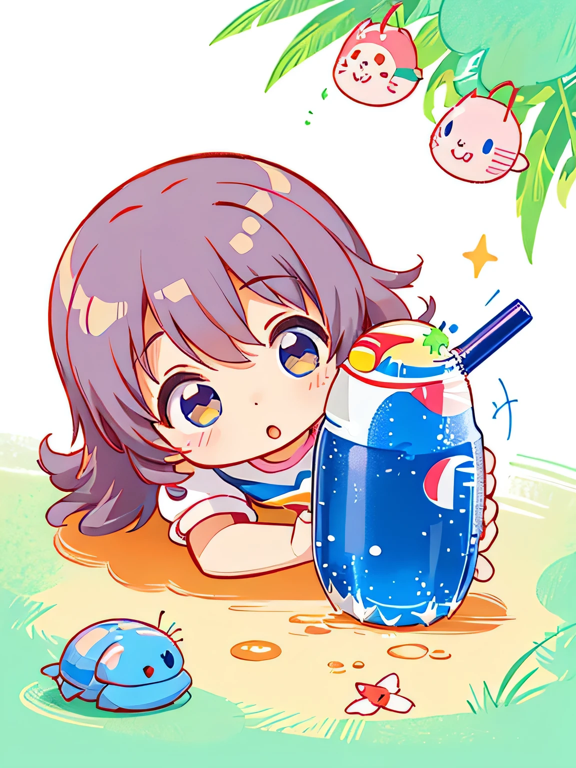 Momoko Sakura style, Kawaii Design, Chibi, Hot Summer Afternoon、Lots of friendy friend is a pillbug、lovely colorful pillbug、(((Pepsi)))、　(((Drink Pepsi)))