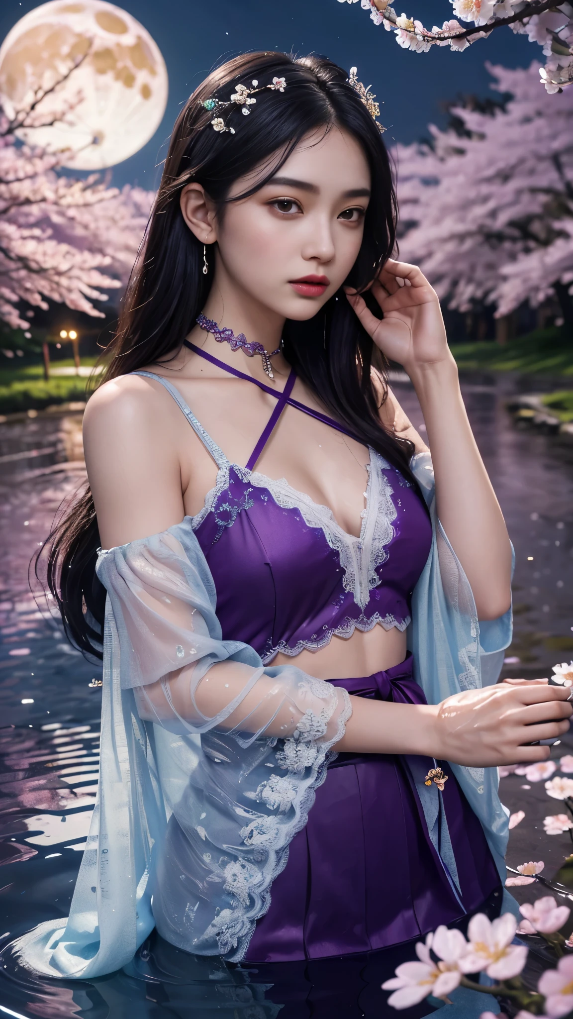1 beautiful girl in Han costume, thin purple silk shirt with white color with many textures, white lace top, long platinum purple ponytail, Hair Jewelry, ear jewelry, light purple rabbit ears, necklace and necklace, meticulously drawn large purple eyes, meticulous makeup, Thin eyebrows, High Nose, lovely red lips, not smiling, pursed lips, rosy cheeks, wide breasts, Big breasts , well-proportioned bust, Slim waist, purple mesh socks, chinese hanfu style, fictitious art textures, vivid and realistic colors, RAW Photos, Realistic Photos, ultra high quality 8k surreal photos, (effective fantasy light effect: 1.8), 10x pixel, magical effect (Background): 1.8), ultradetailed eyes, girl body portrait, ancient hanfu background,