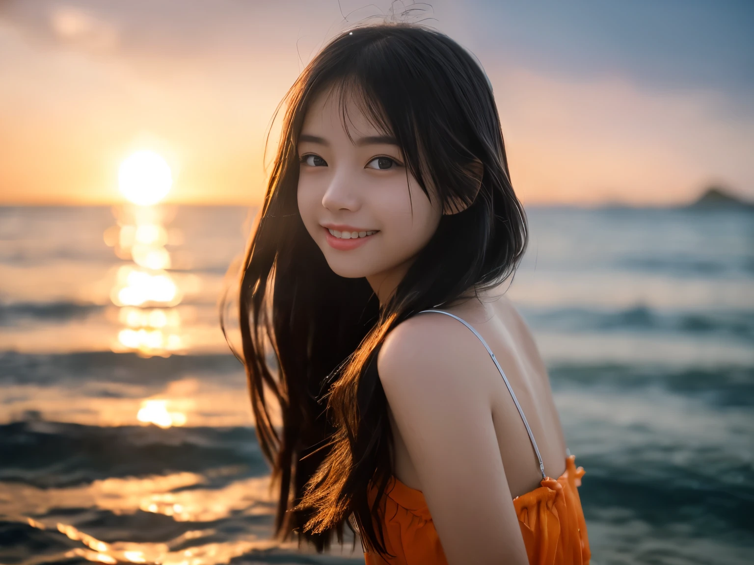 Cornflower Art、dream-like
( Girl with beautiful eyes。The depth of field in the photo is perfect、Lens flares add a nice accent。The fine details on her face really stand out.、、、、、、、、This photo is definitely a 10+。In the background、There was a beautiful sea with crystal clear water and floating droplets..。It was a wonderful photo that perfectly captured the beauty of the girl and the water..　Whole Body Ezbian　Standing posture　smile　looking at the camera　The background is blurred　Shooting from bottom up　Orange sunset　Coastal　Beachside　Place your hands behind your back　smile