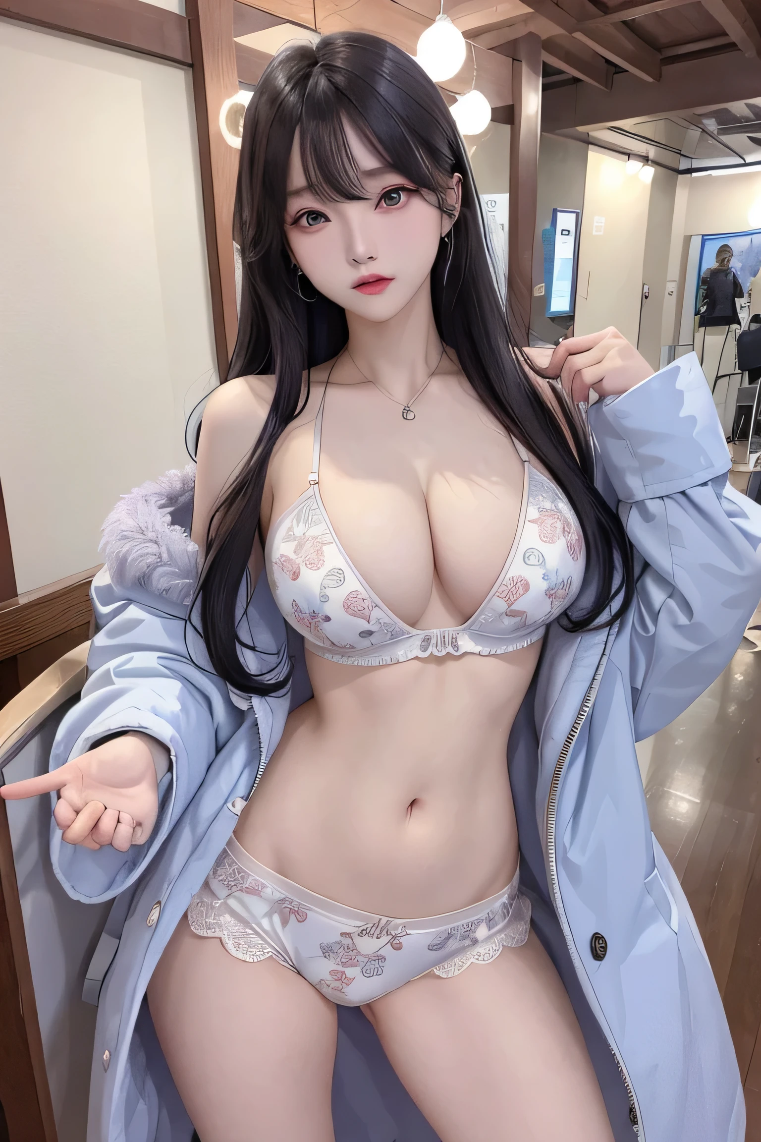 high image quality、Raw photography、20-year-old Korean、big round chest、coat without front closed, lace underwear、Beautiful Eyes of Details、very elongated eyes、Beautiful eyelashes、Beautiful double eyelids、eyeshadows、耳Nipple Ring, (standing pose:1.5), wearing super tight print boxers,