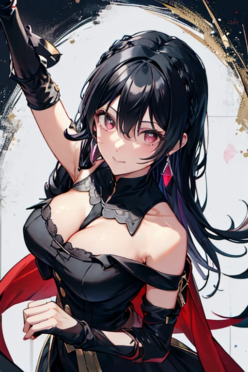 yor briar, anime style beutiful woman, 1girl, happy, sexy pause,(with sparkling eyes and a contagious smile:0.9),red face, closed mouth, beautiful detailed eyes, super detailed skin, backlighting, bare shoulders, black background, black dress, black gloves, black hair, breasts, dress, earrings, fingerless gloves, floating hair, floral print, flower, gloves, gold earrings, gold hairband, hair flower, hair ornament, hairband, holding, holding weapon, jewelry, large breasts, long hair, looking at viewer, off-shoulder dress, off shoulder,red eyes, short hair with long locks, sidelocks, solo, spikes, thighs, two-sided dress, two-sided fabric, weapon, fighting stance , face, close up, from above, highest quality, looking at viewer,high resolution. 