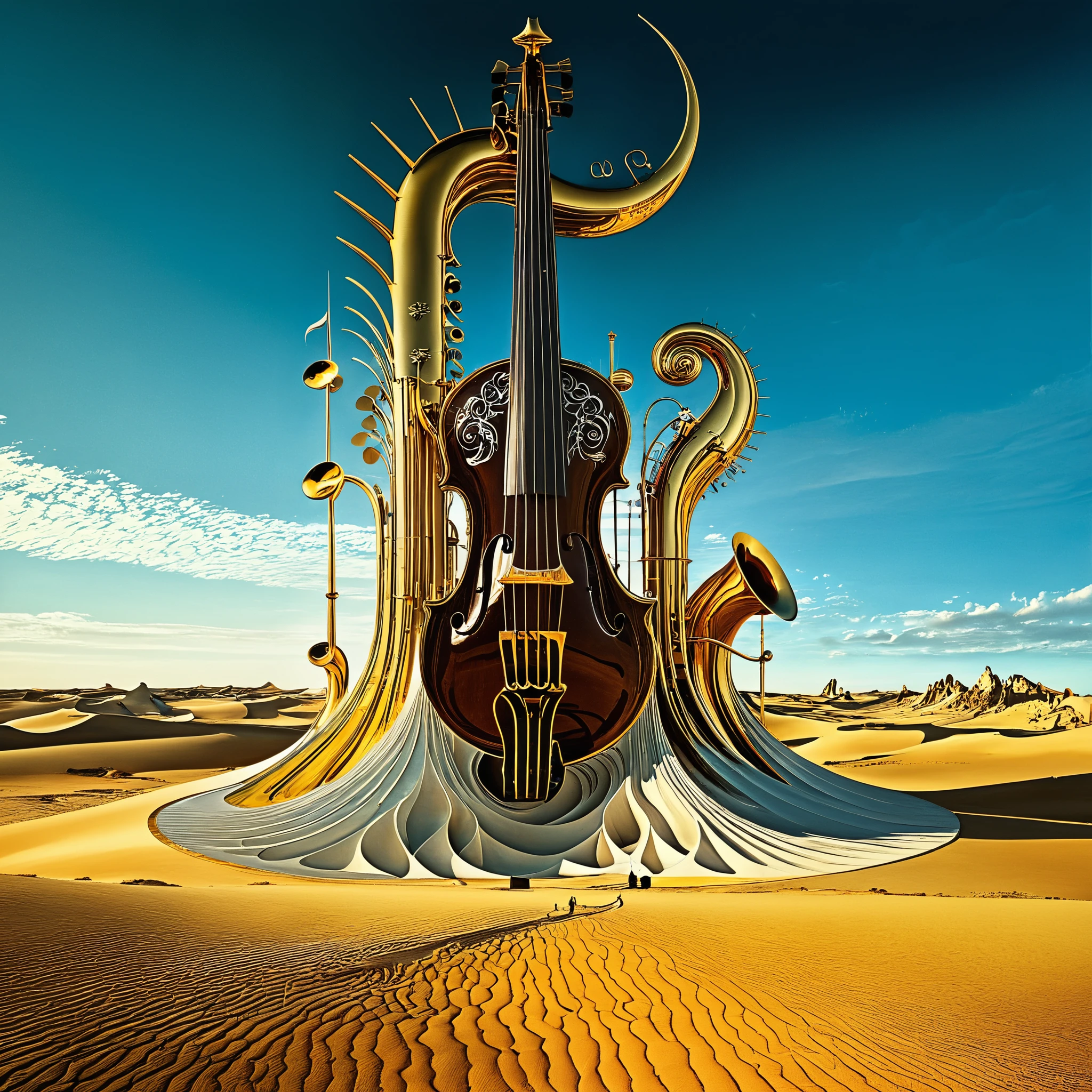 In a surreal, Salvador Dalí-inspired landscape, towering fractals morph into musical instruments, their complex patterns echoing the haunting melodies that reverberate through the warped, dreamlike atmosphere, as the boundaries between sight and sound dissolve in a hyper-detailed, mind-bending composition.