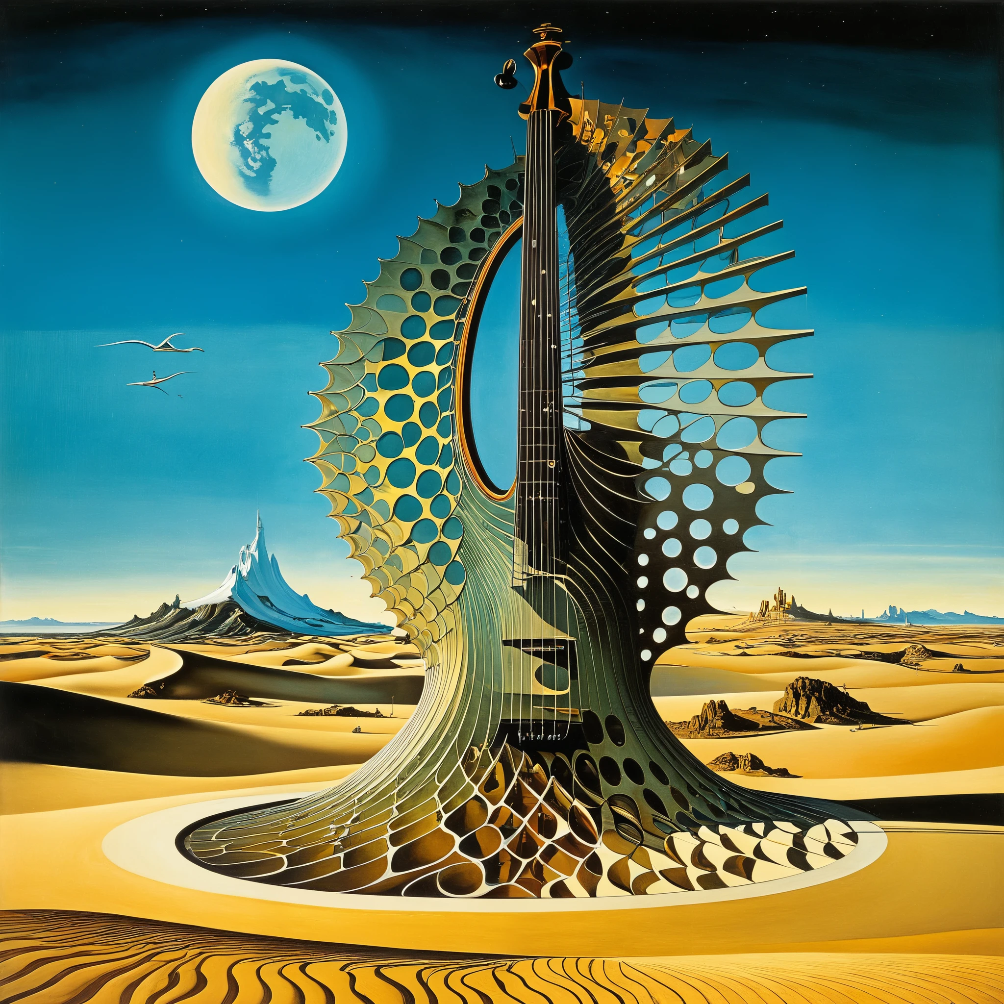 In a surreal, Salvador Dalí-inspired landscape, towering fractals morph into musical instruments, their complex patterns echoing the haunting melodies that reverberate through the warped, dreamlike atmosphere, as the boundaries between sight and sound dissolve in a hyper-detailed, mind-bending composition.